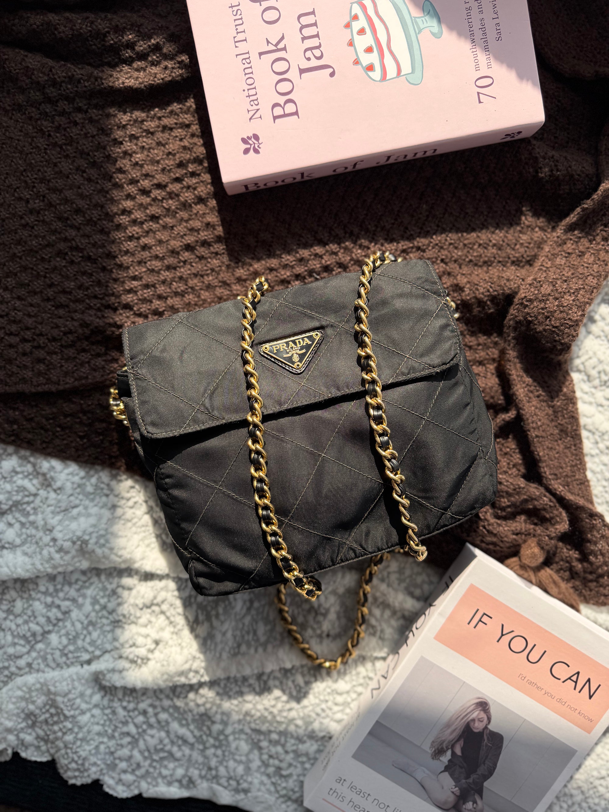 Prada Vintage Fabric Black & Gold Chain Bag
