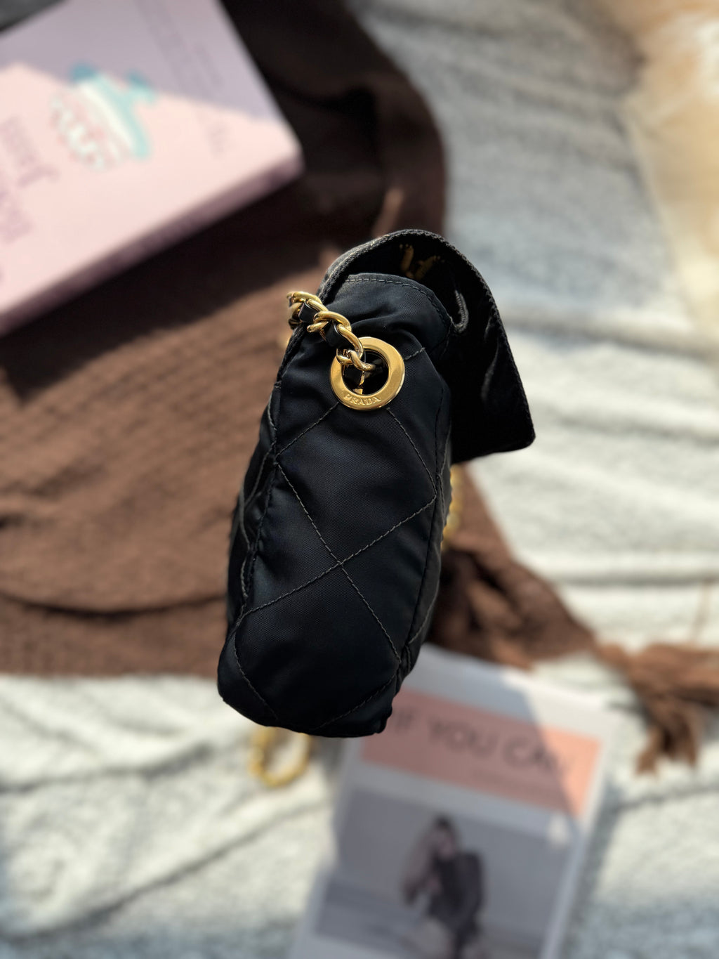 Prada Vintage Fabric Black & Gold Chain Bag