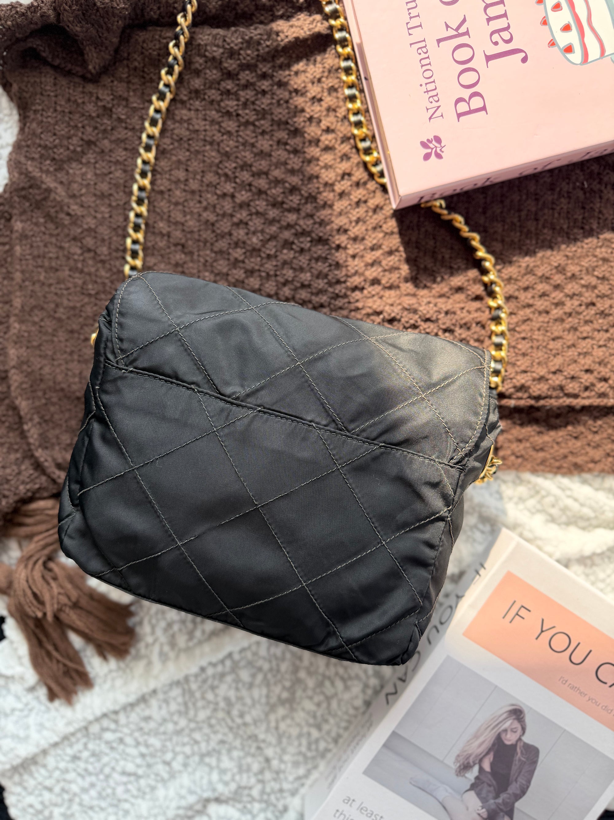 Prada Vintage Fabric Black & Gold Chain Bag