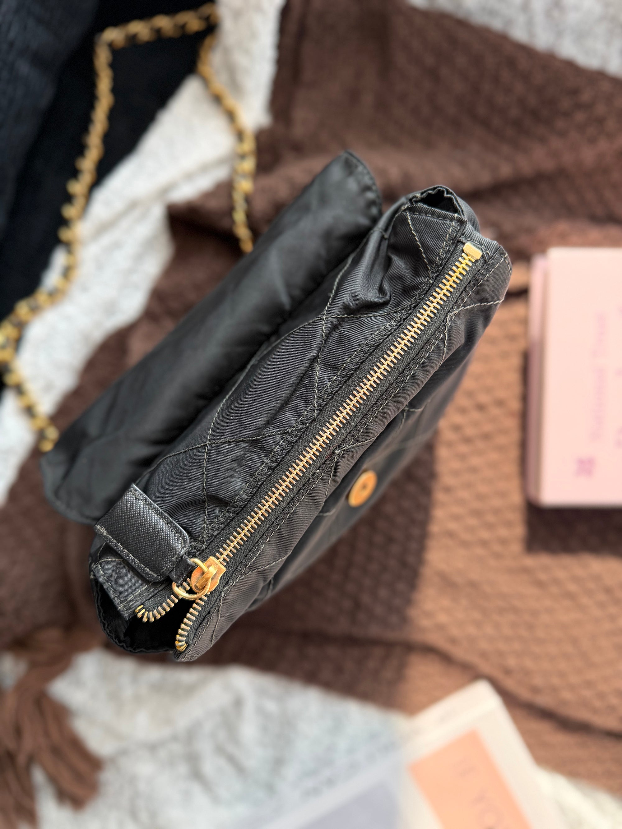 Prada Vintage Fabric Black & Gold Chain Bag