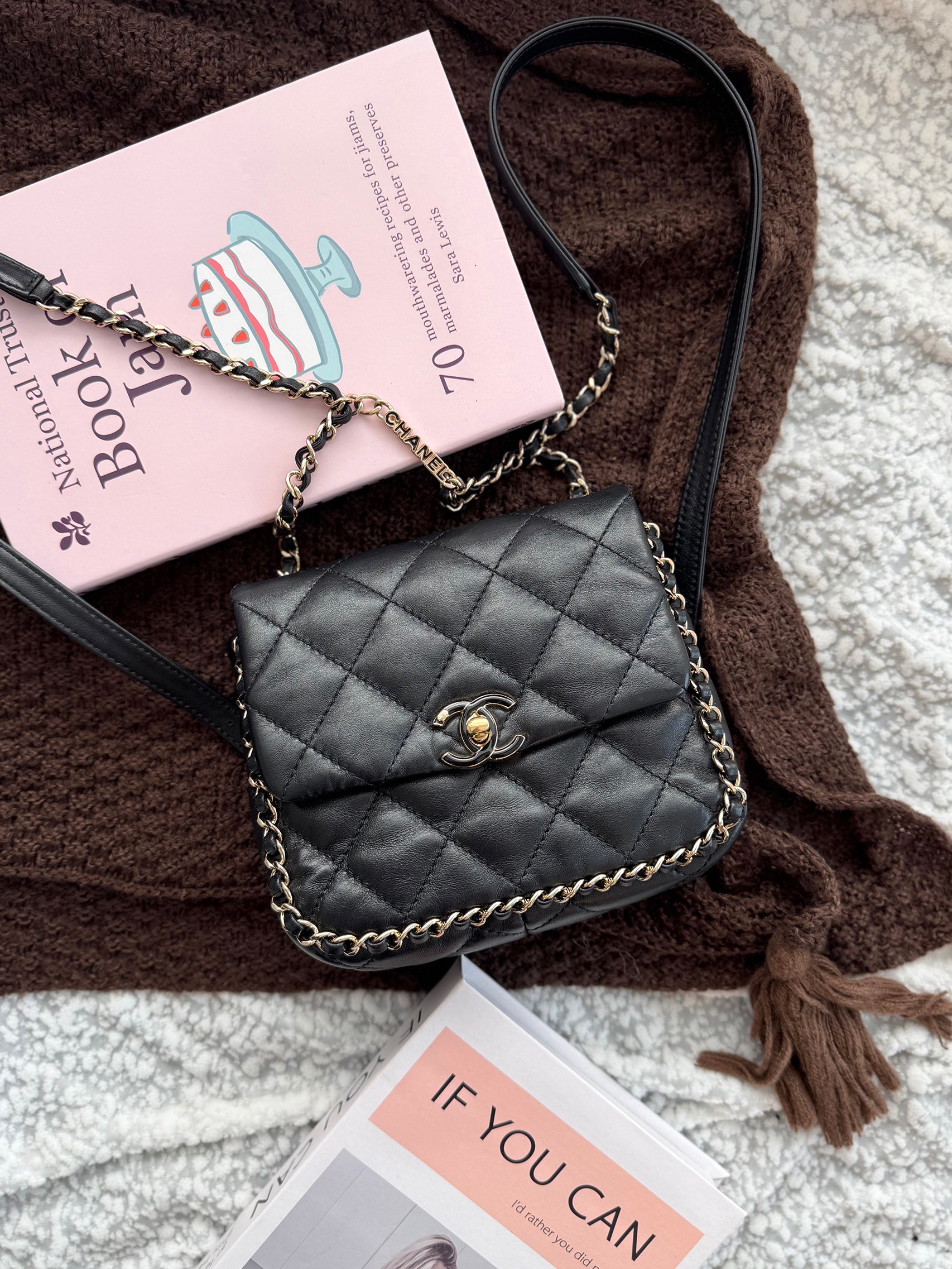 Chanel Black & Gold Quilted Bag with Chain Embellishment, Shoulder & Crossbody Style; Backpack