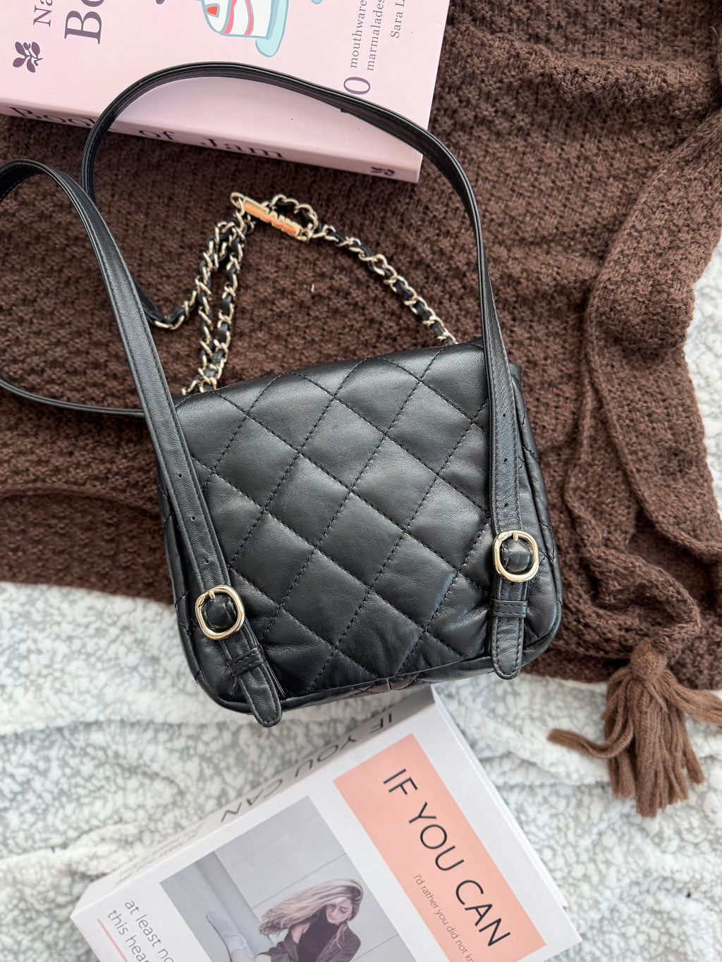 Chanel Black & Gold Quilted Bag with Chain Embellishment, Shoulder & Crossbody Style; Backpack