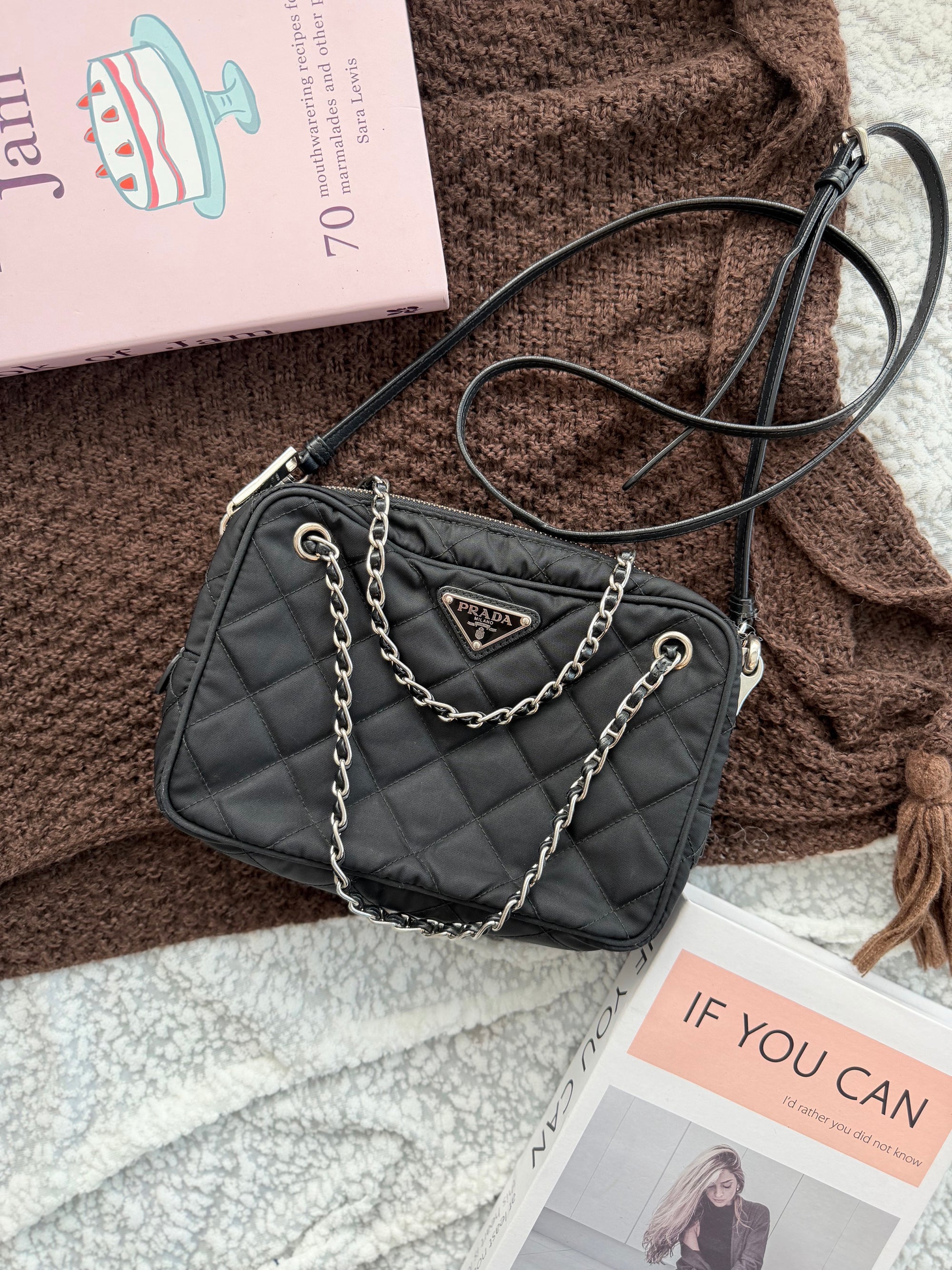 Prada Black & Silver Fabric Handbag with Shoulder Strap