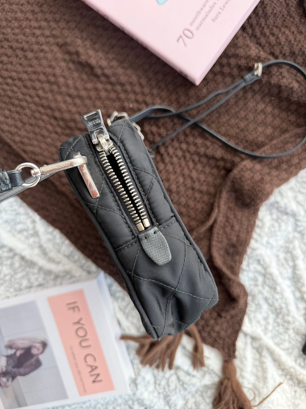 Prada Black & Silver Fabric Handbag with Shoulder Strap