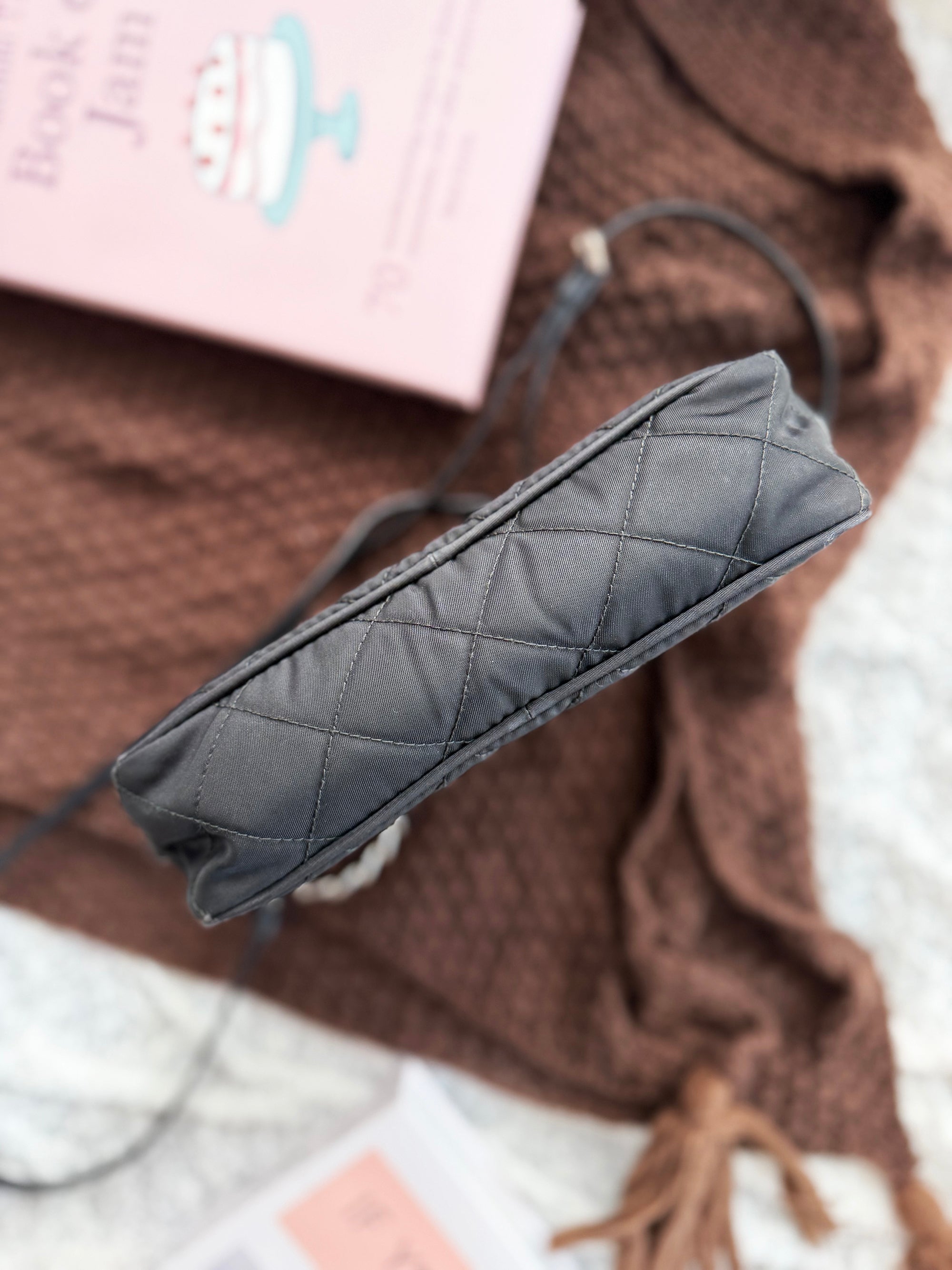 Prada Black & Silver Fabric Handbag with Shoulder Strap