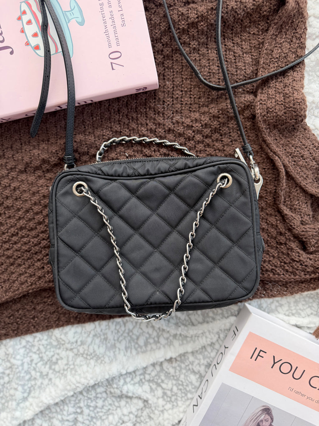 Prada Black & Silver Fabric Handbag with Shoulder Strap