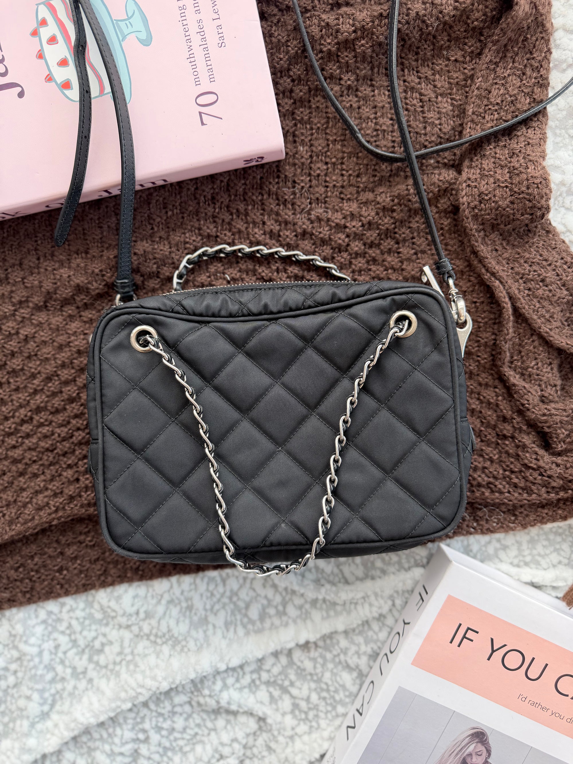 Prada Black & Silver Fabric Handbag with Shoulder Strap