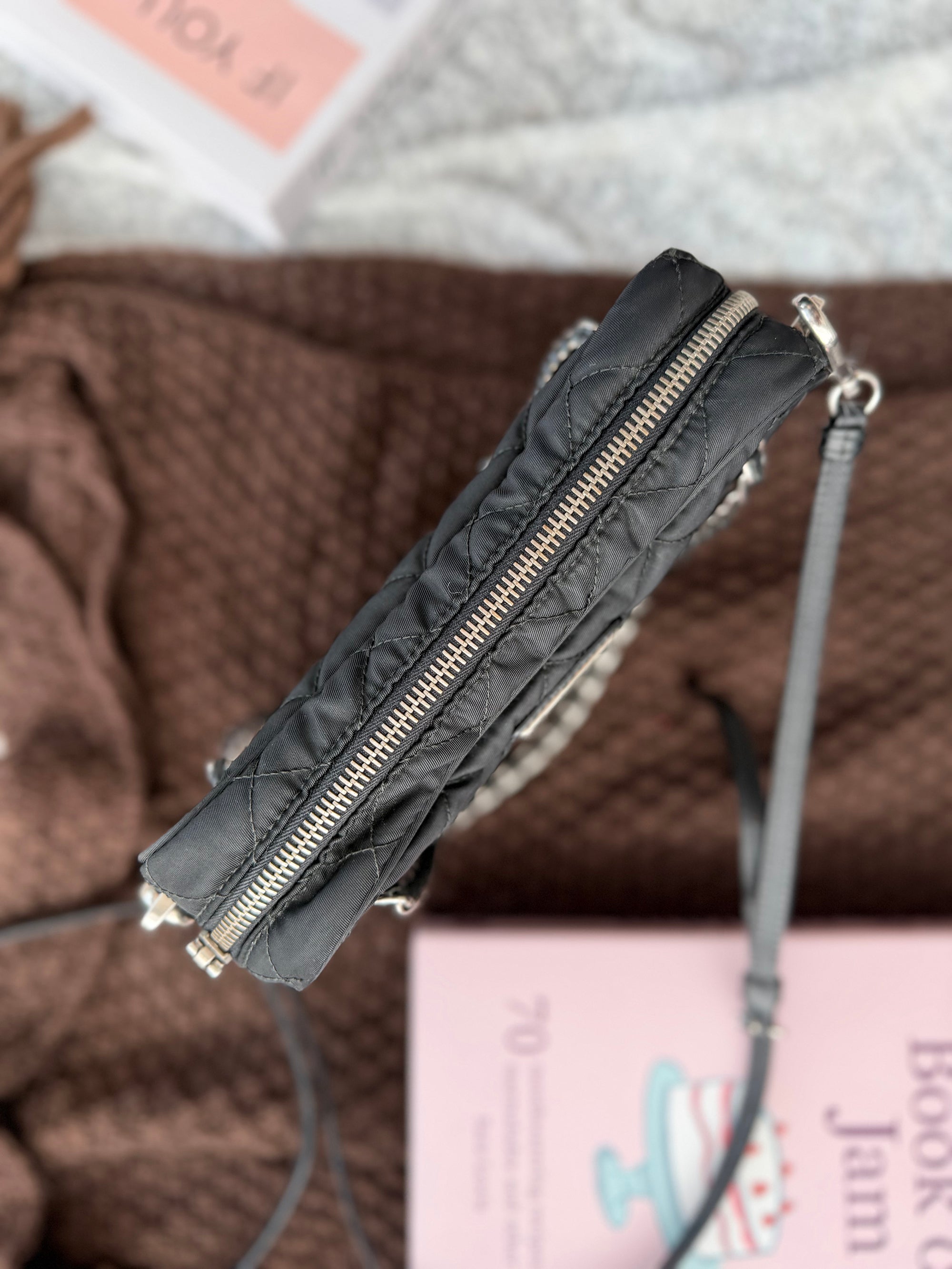 Prada Black & Silver Fabric Handbag with Shoulder Strap