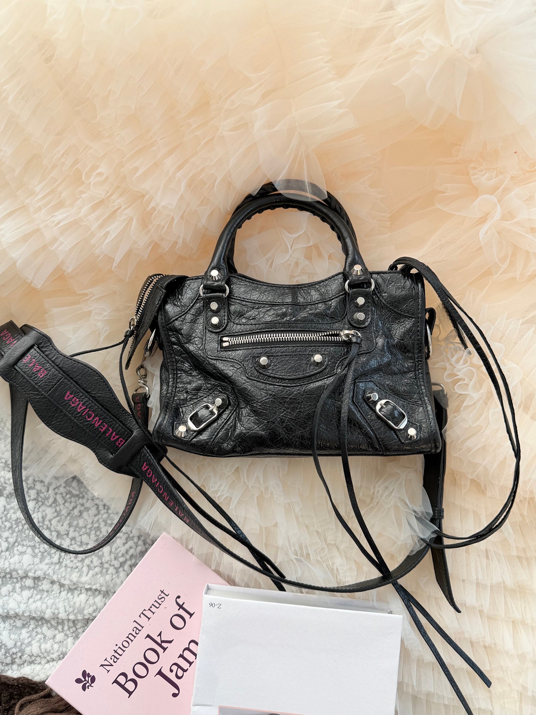 Balenciaga New Mini City Bag in Black and Silver Cowhide with New Lettering Strap