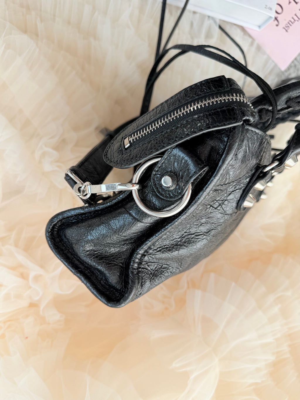 Balenciaga New Mini City Bag in Black and Silver Cowhide with New Lettering Strap