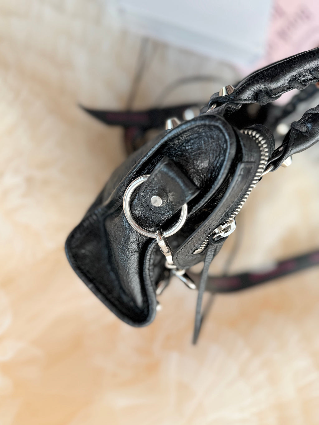 Balenciaga New Mini City Bag in Black and Silver Cowhide with New Lettering Strap