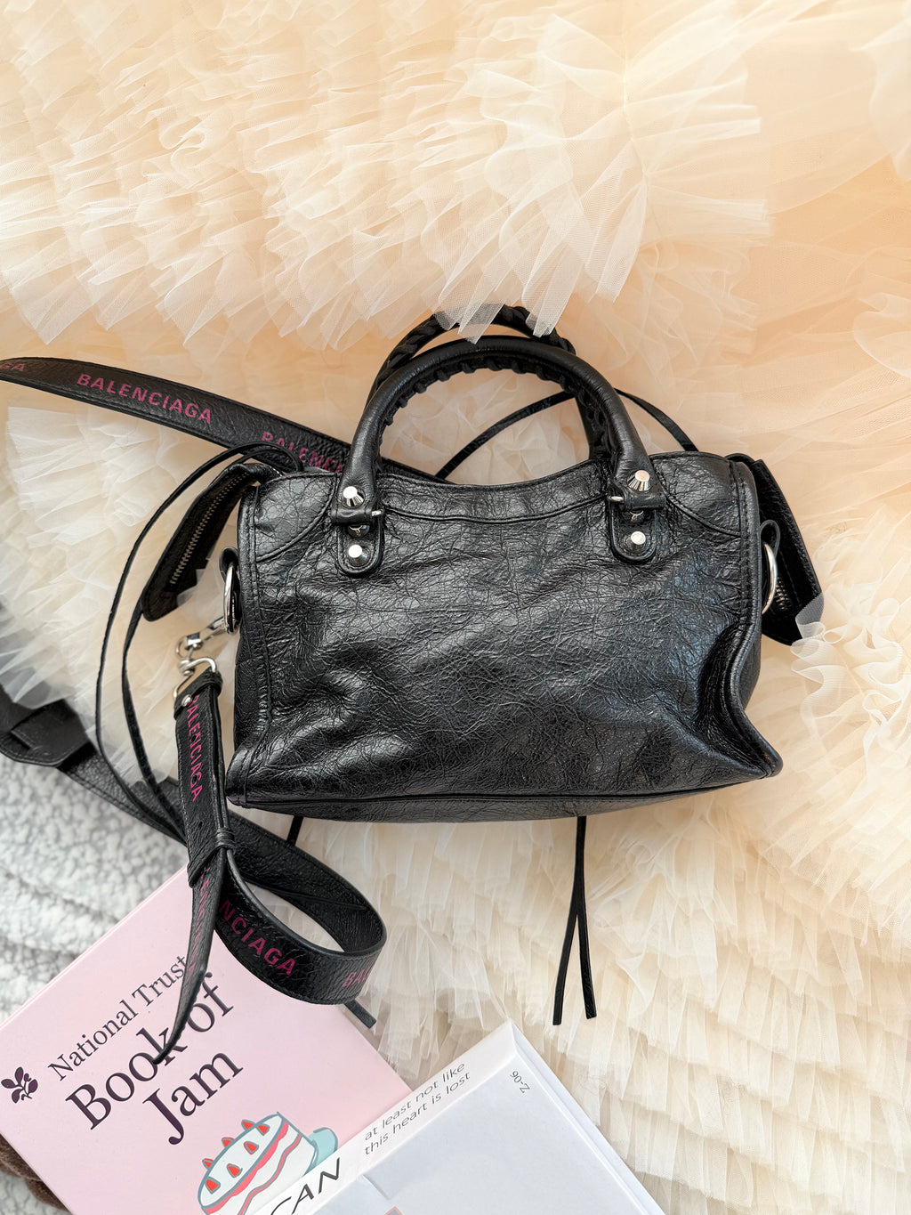 Balenciaga New Mini City Bag in Black and Silver Cowhide with New Lettering Strap