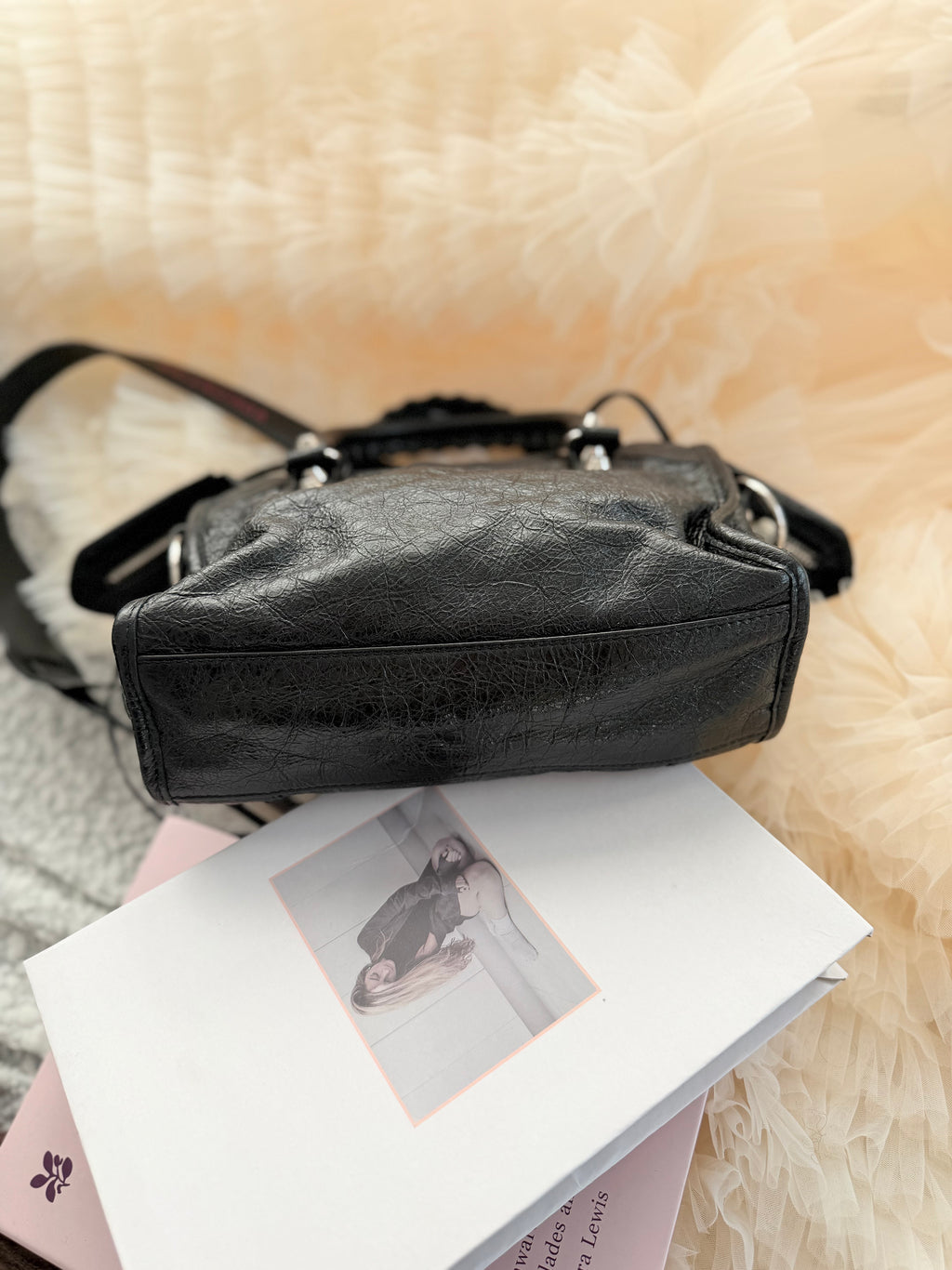 Balenciaga New Mini City Bag in Black and Silver Cowhide with New Lettering Strap