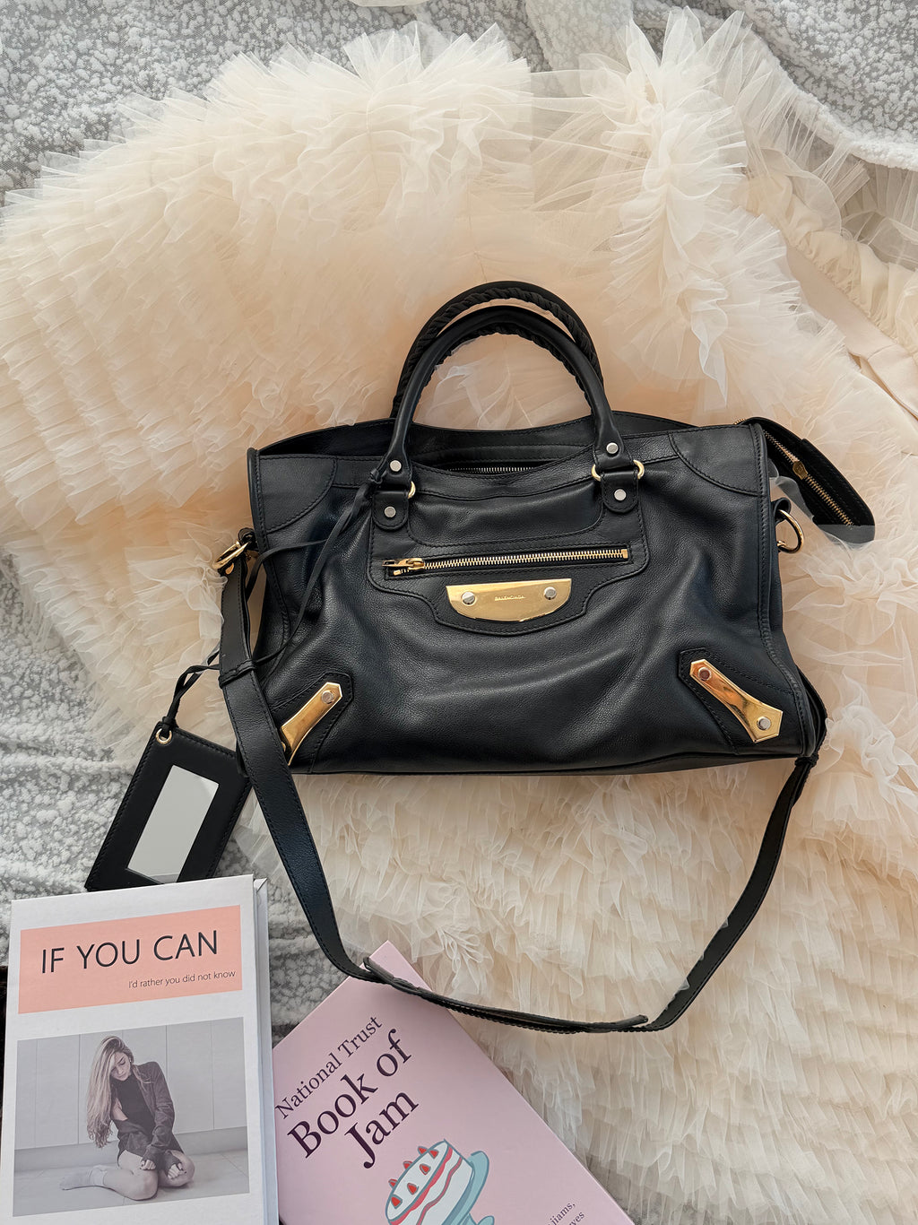 Balenciaga Medium City Bag in Black & Gold Cowhide with Shoulder Strap