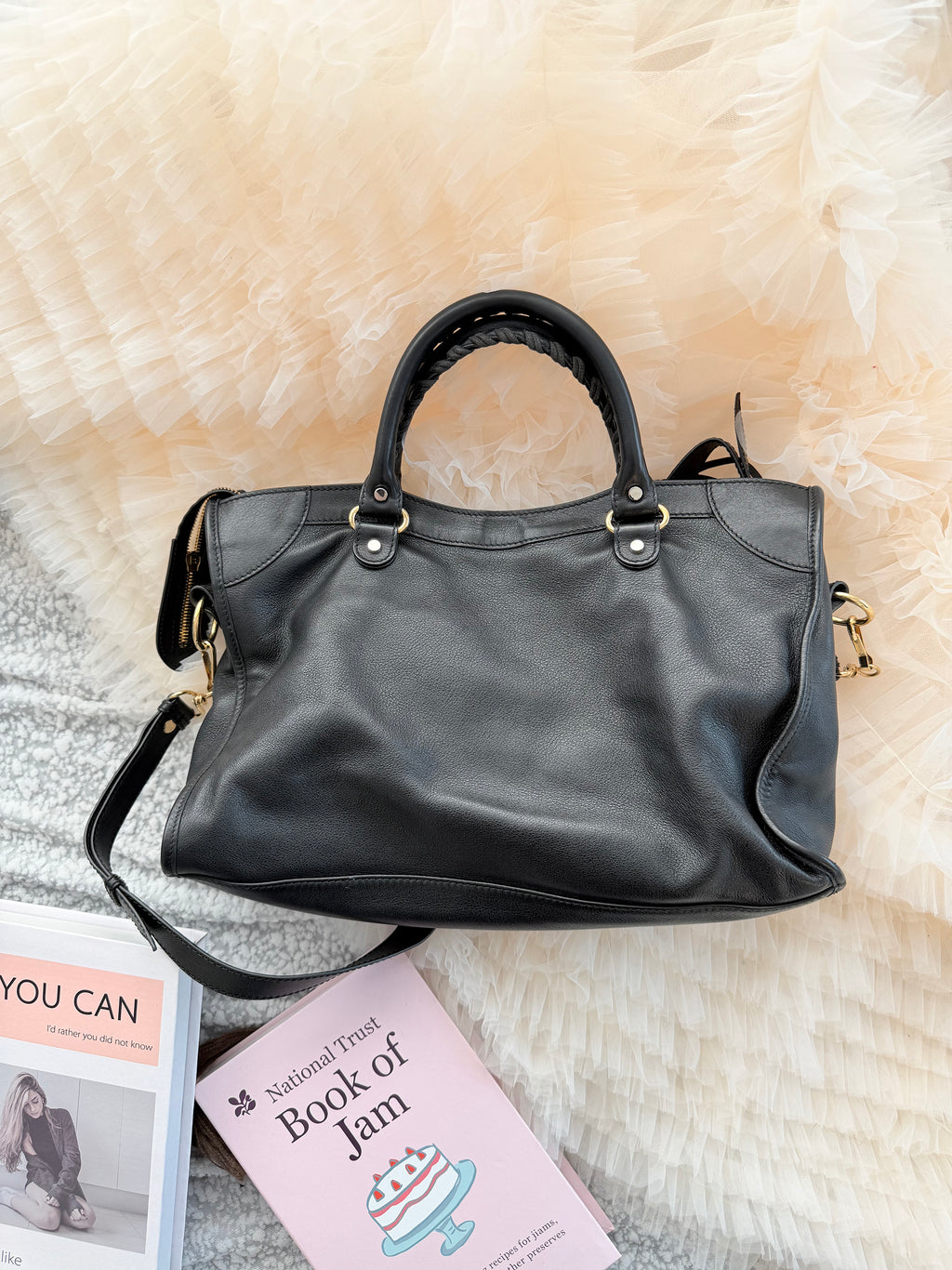 Balenciaga Medium City Bag in Black & Gold Cowhide with Shoulder Strap