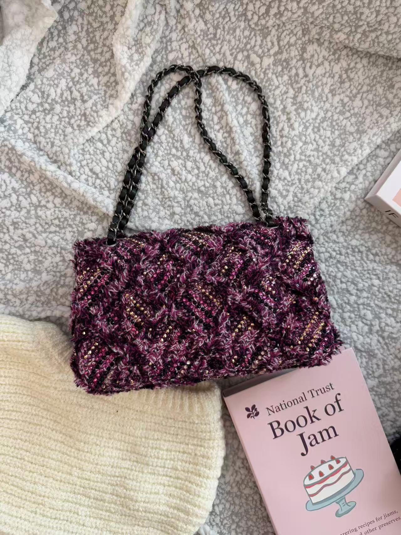 Chanel Crystal Embellished Wool Flap Bag with Chain Strap