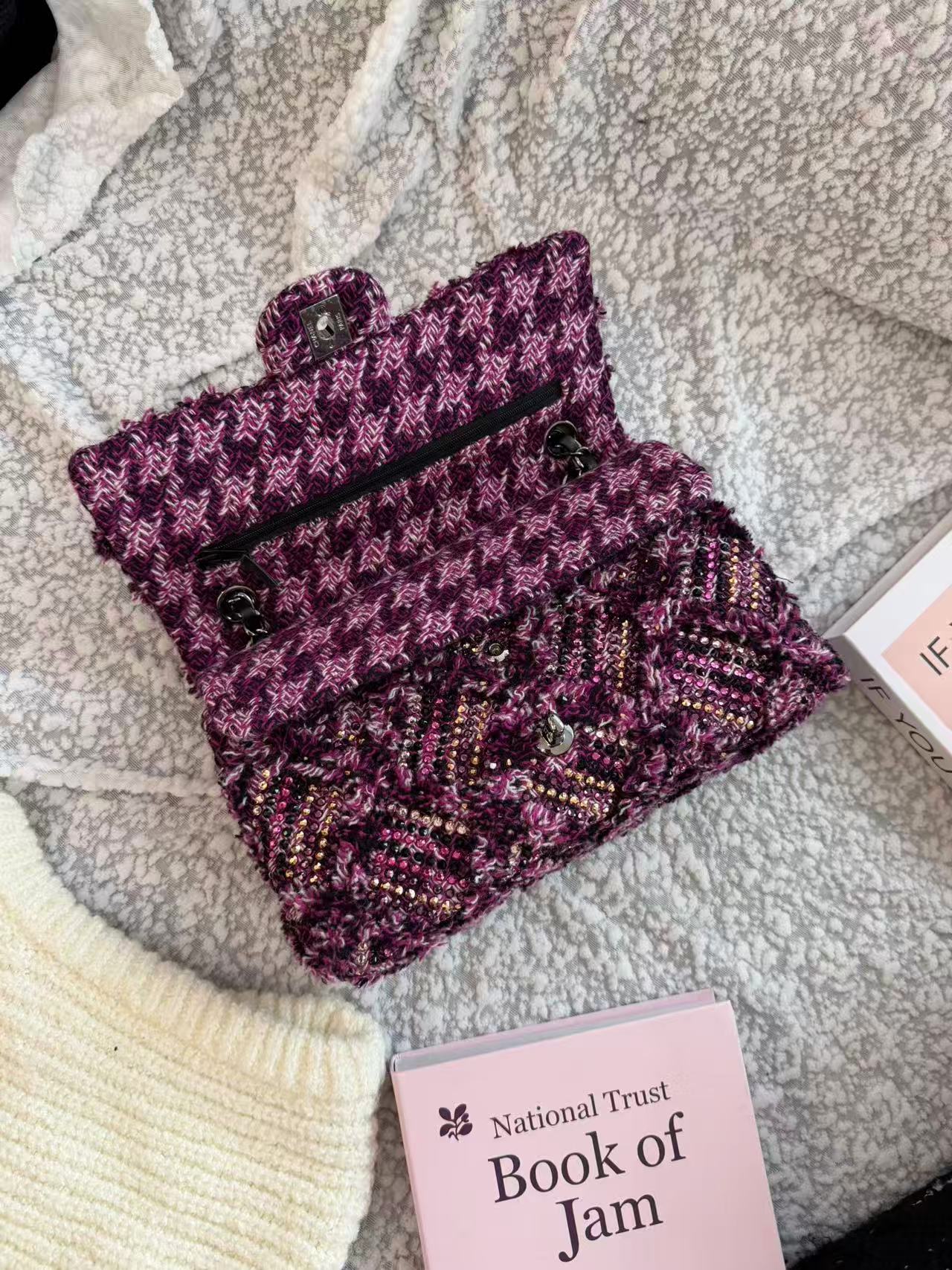 Chanel Crystal Embellished Wool Flap Bag with Chain Strap