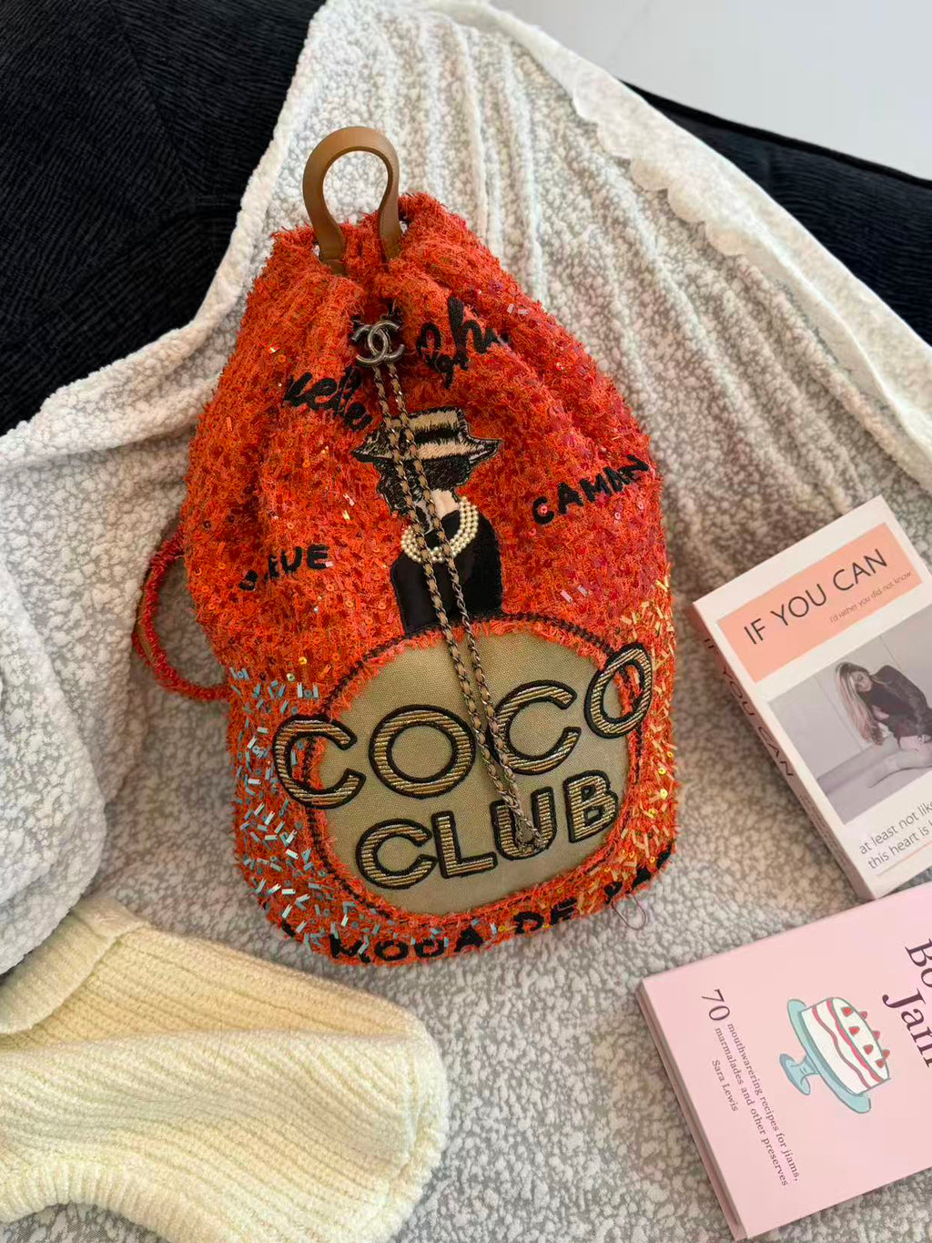 Chanel Salzburg Collection Orange Wool Coco Portrait Bucket Bag