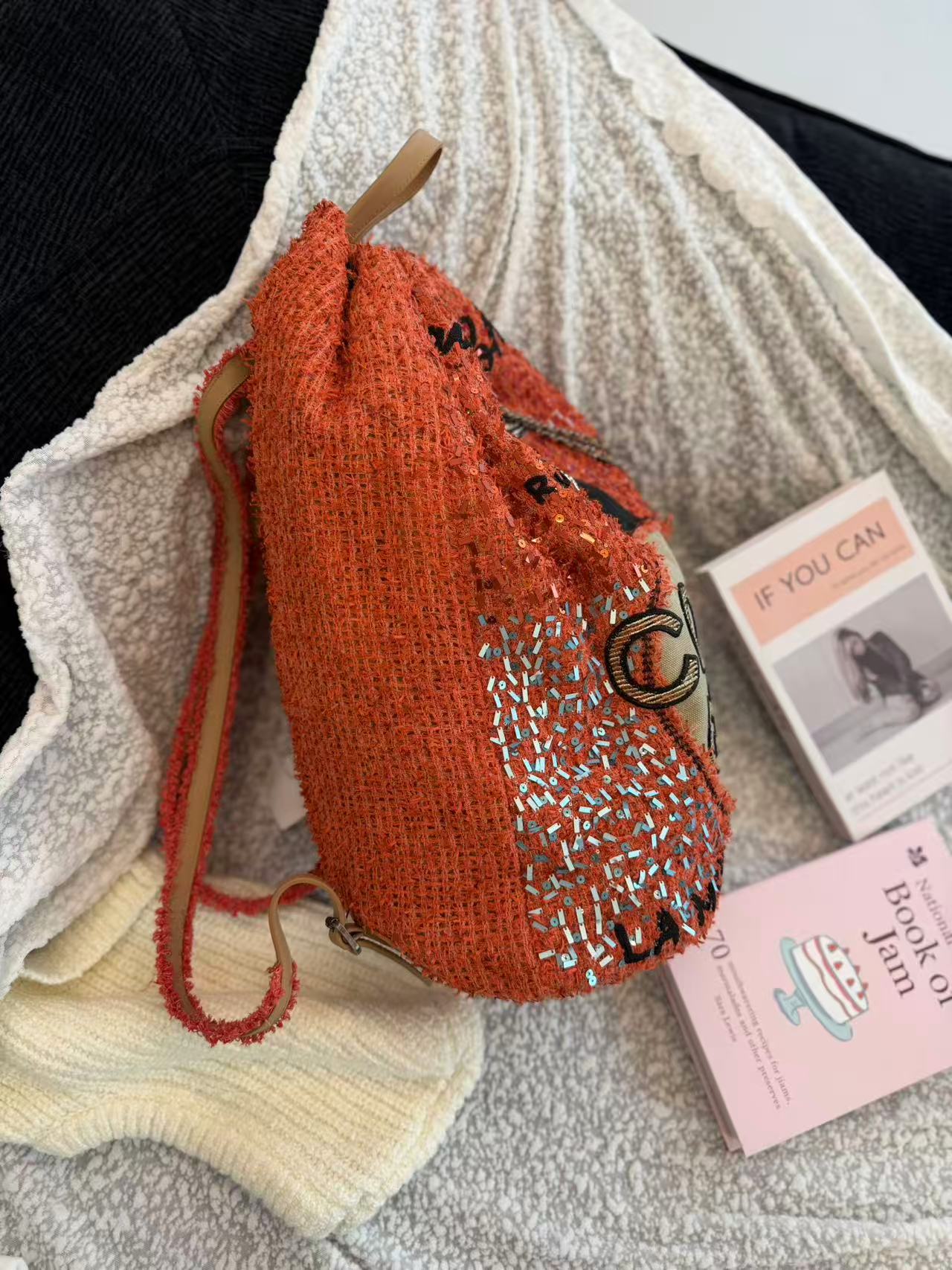 Chanel Salzburg Collection Orange Wool Coco Portrait Bucket Bag