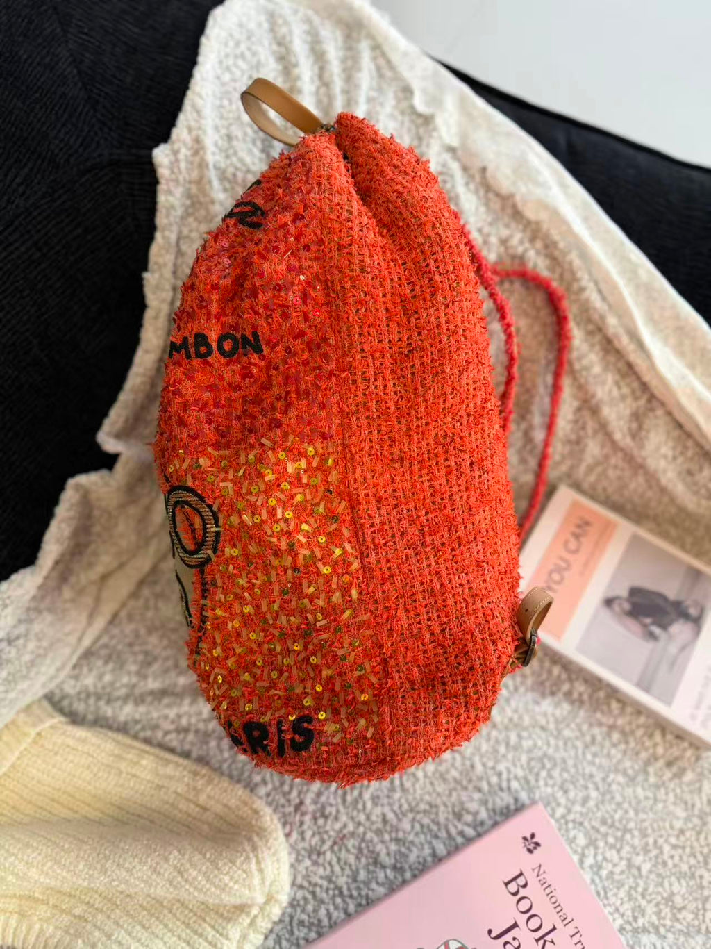 Chanel Salzburg Collection Orange Wool Coco Portrait Bucket Bag