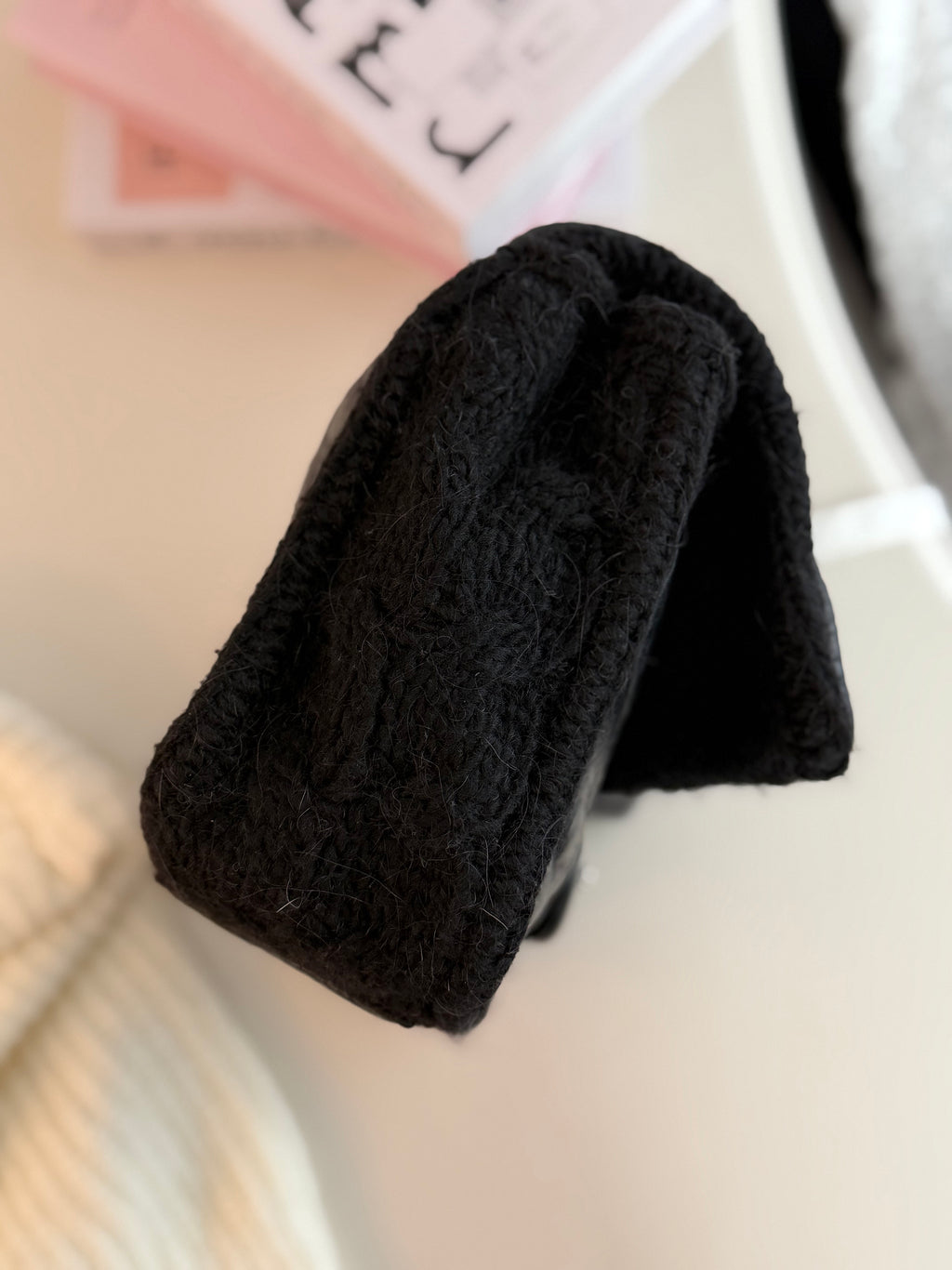 Chanel black knitted wool flap bag with vintage silver chain