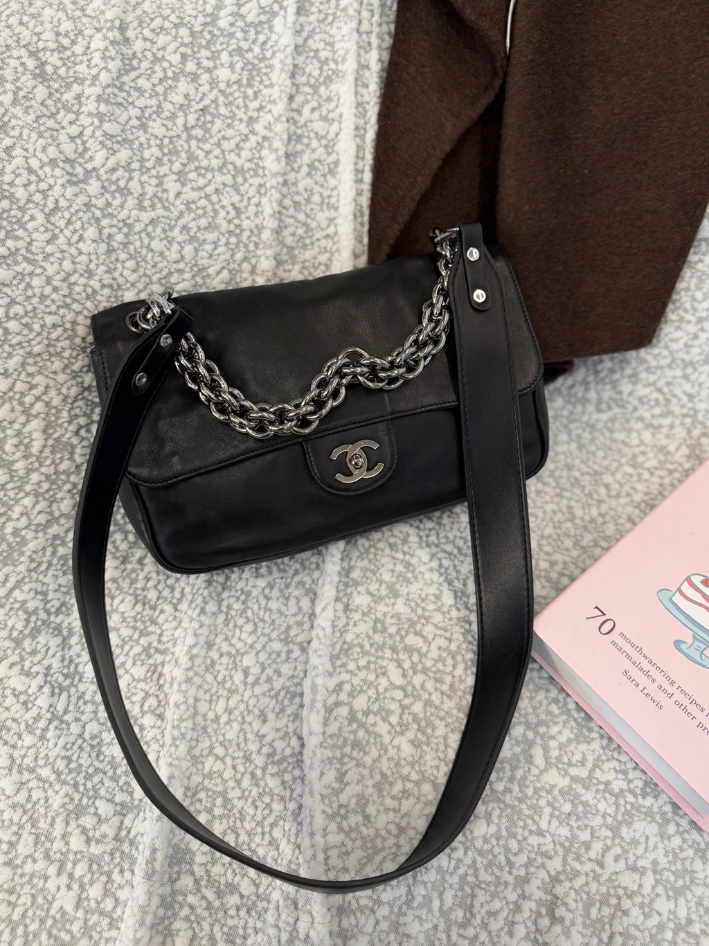 Chanel Black Silver Sheepskin Thick Chain Shoulder Bag (Strap Added Later)
