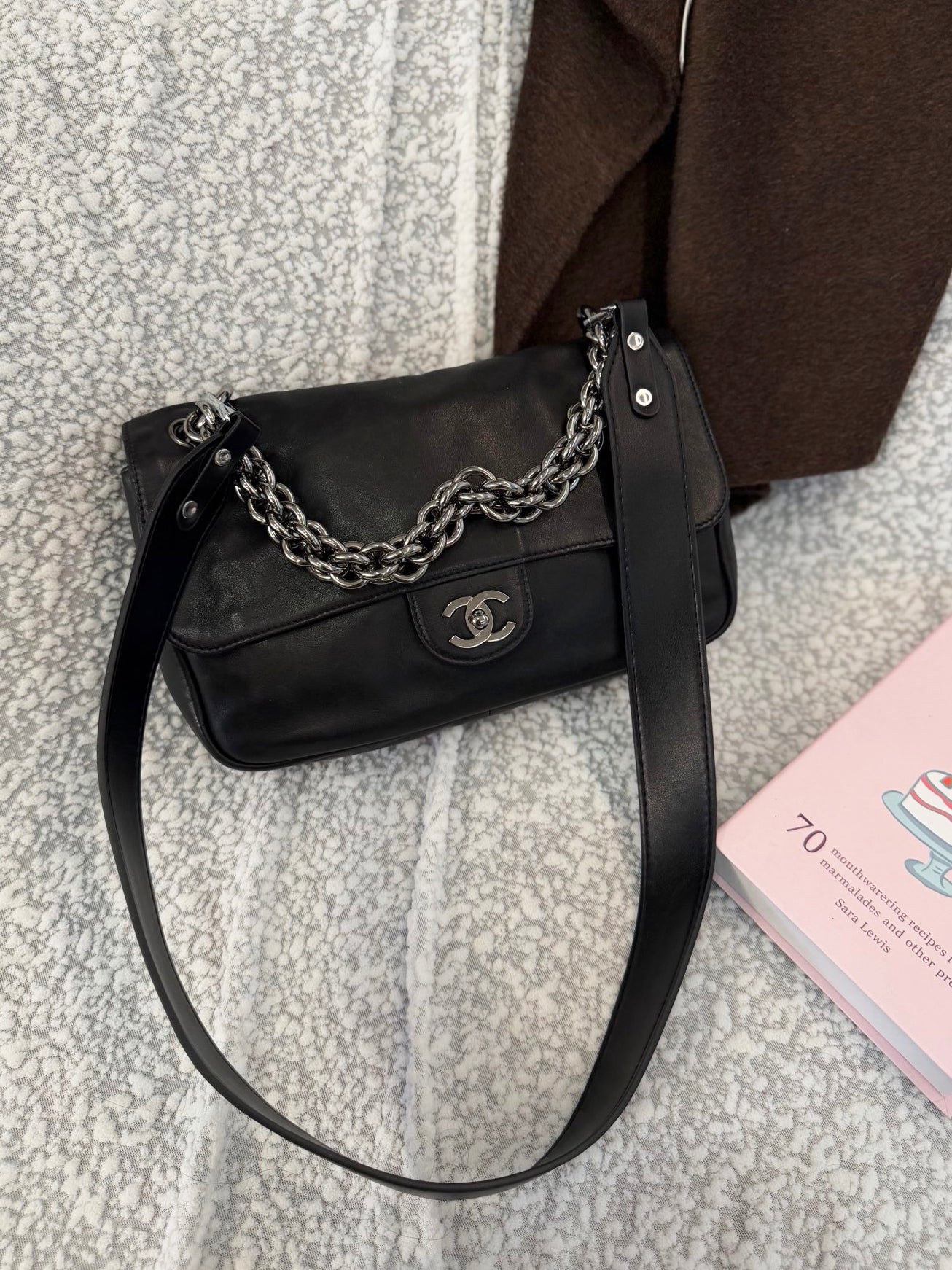 Chanel Black Silver Sheepskin Thick Chain Shoulder Bag (Strap Added Later)