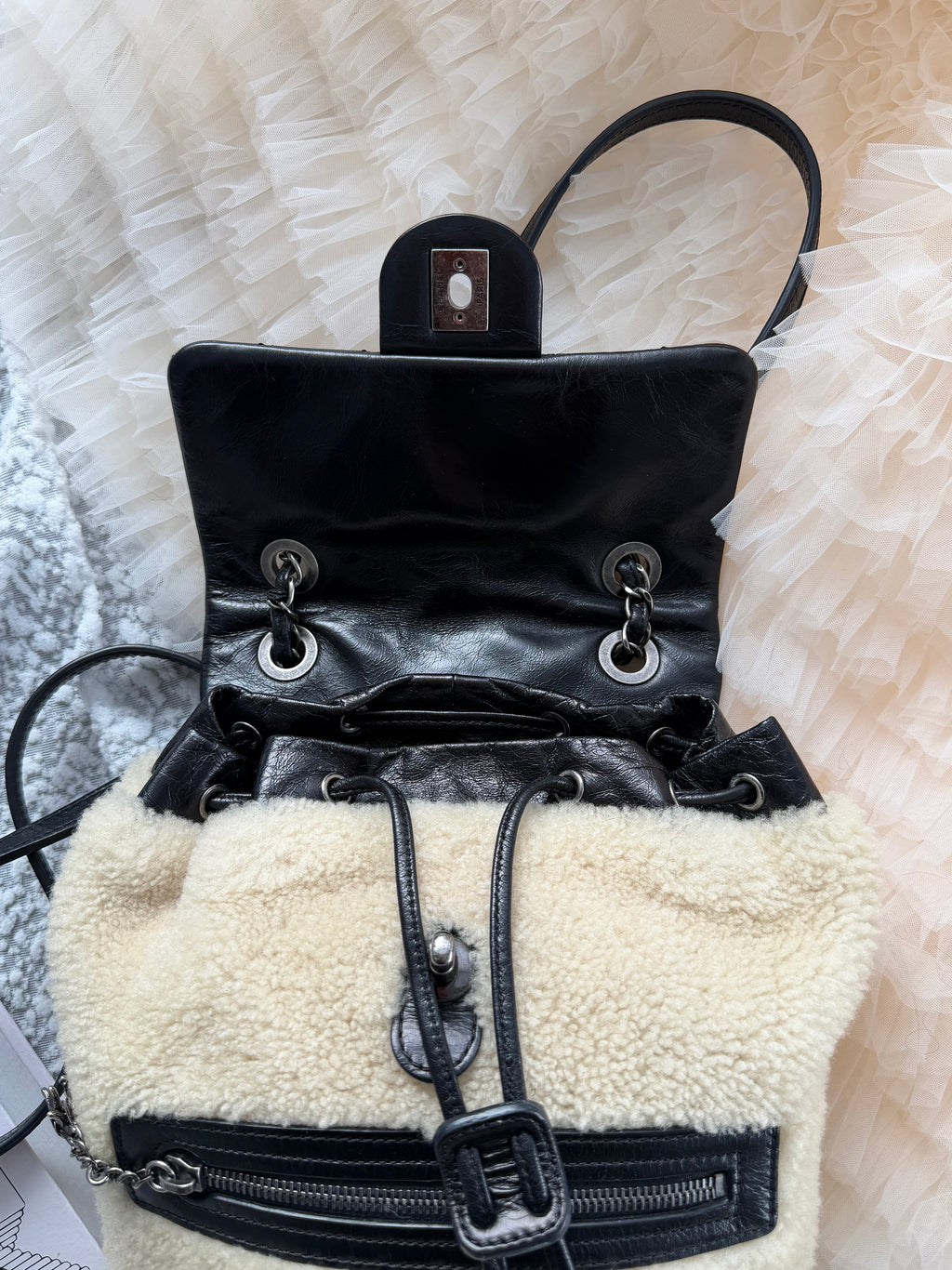 Chanel Salzburg Collection Shearling patchwork waxed leather backpack