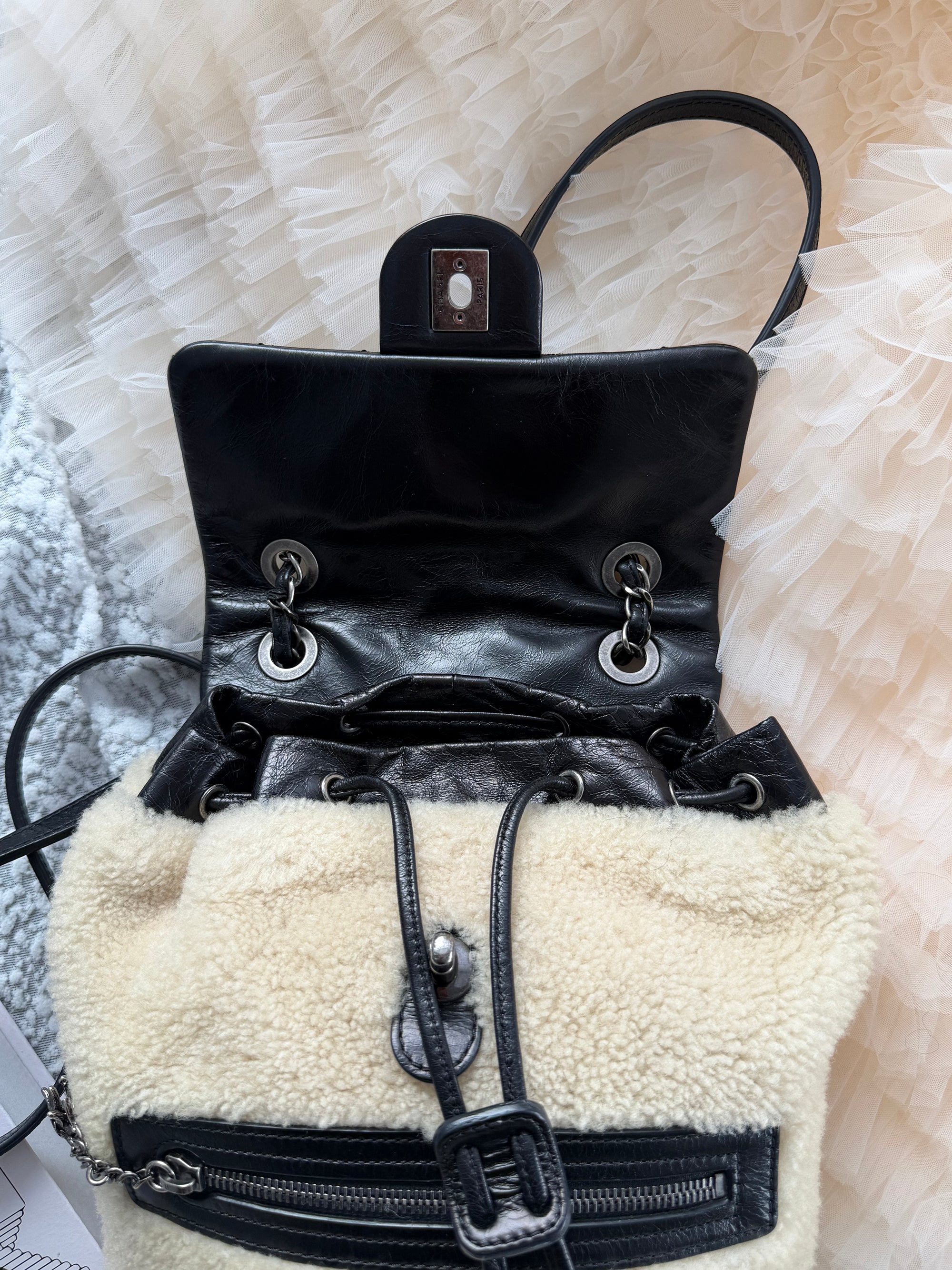 Chanel Salzburg Collection Shearling patchwork waxed leather backpack