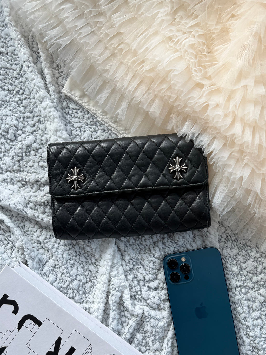 Chrome Hearts Quilted Flap Clutch Bag in Black & Silver Cowhide