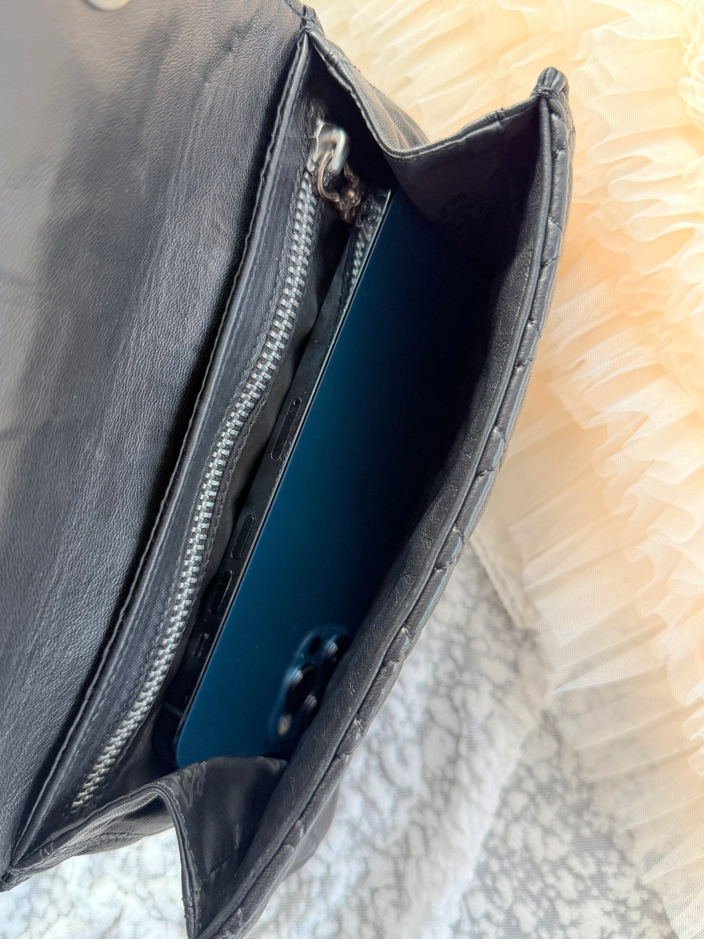 Chrome Hearts Quilted Flap Clutch Bag in Black & Silver Cowhide