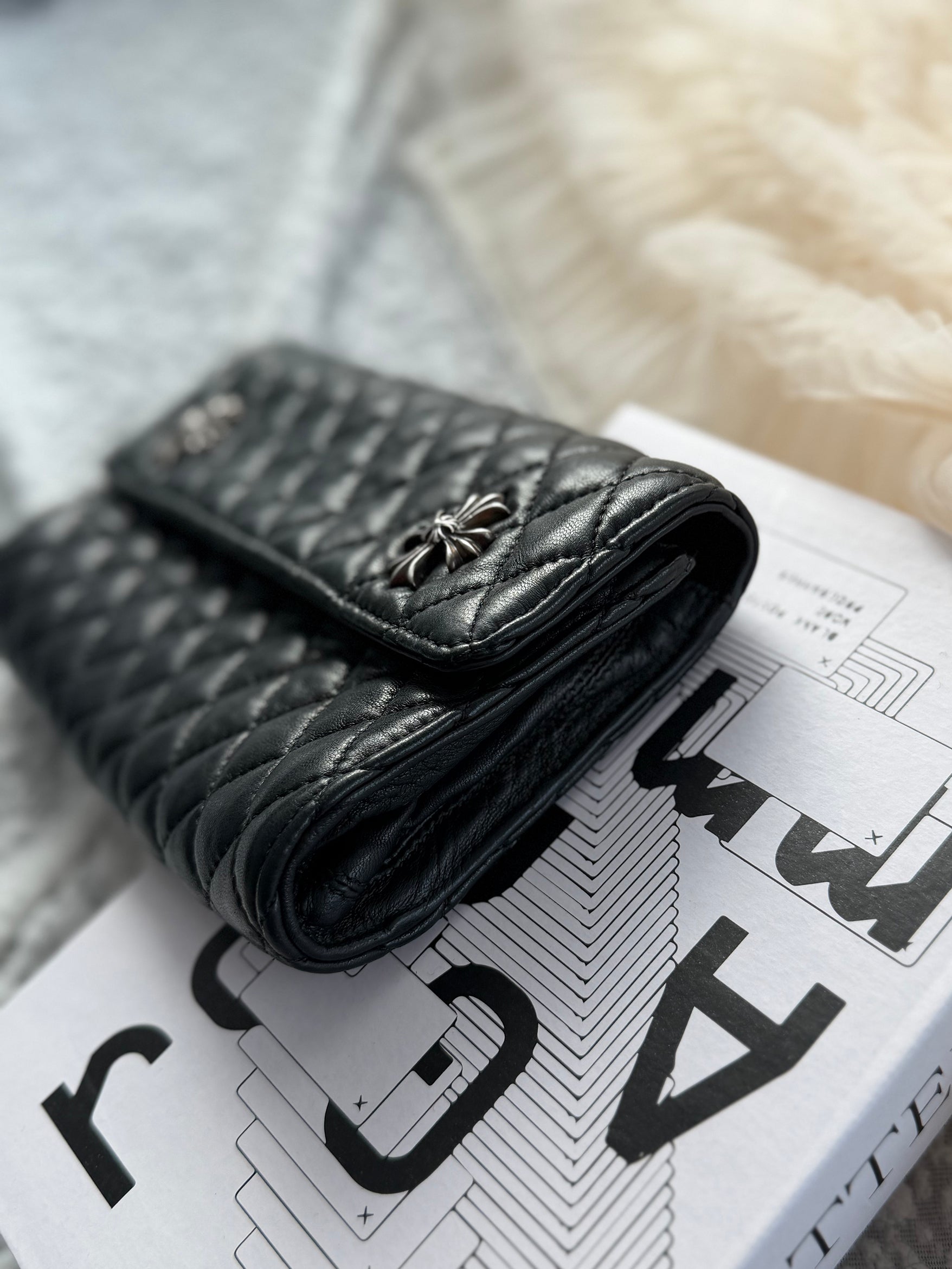 Chrome Hearts Quilted Flap Clutch Bag in Black & Silver Cowhide