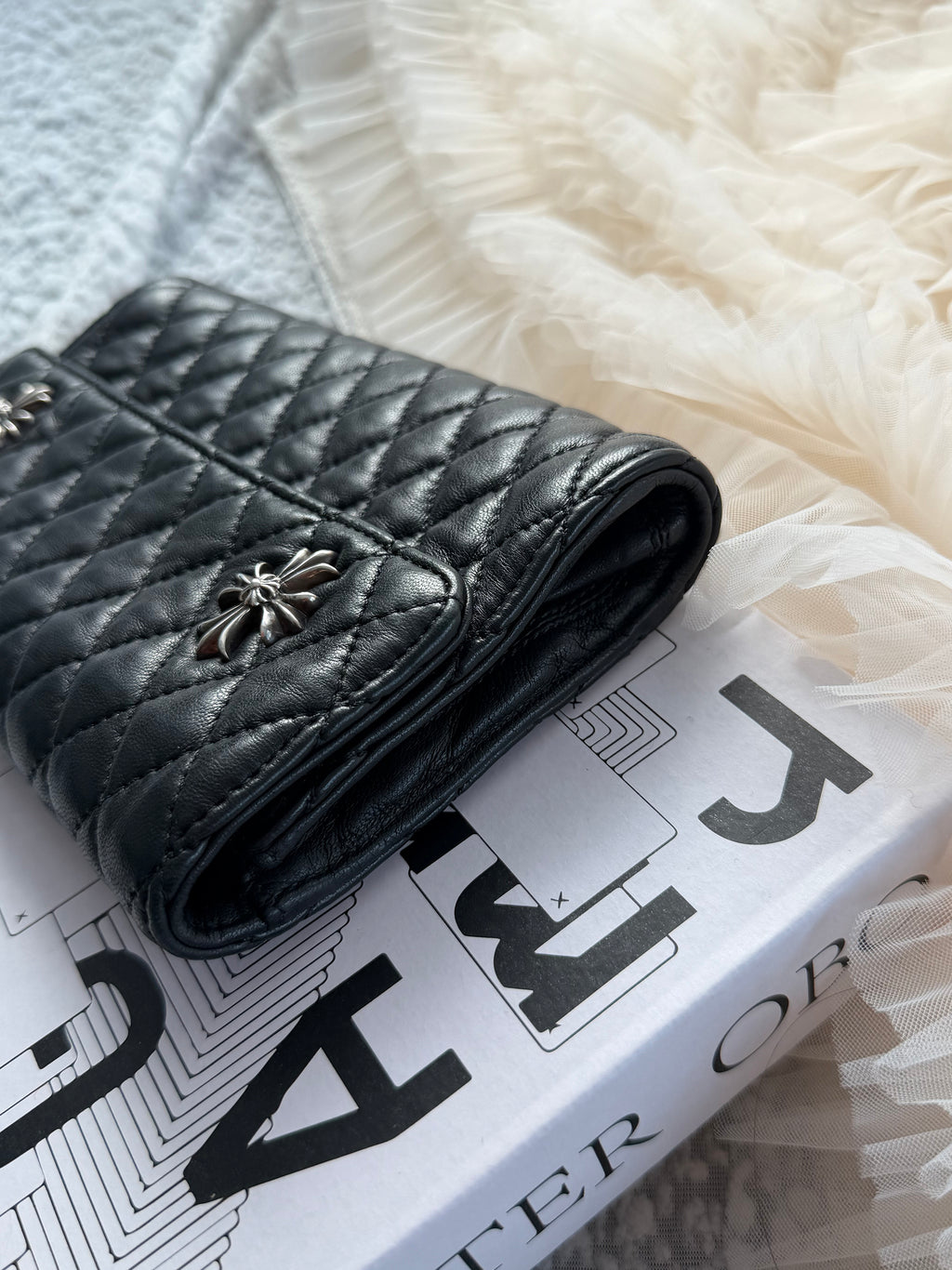 Chrome Hearts Quilted Flap Clutch Bag in Black & Silver Cowhide