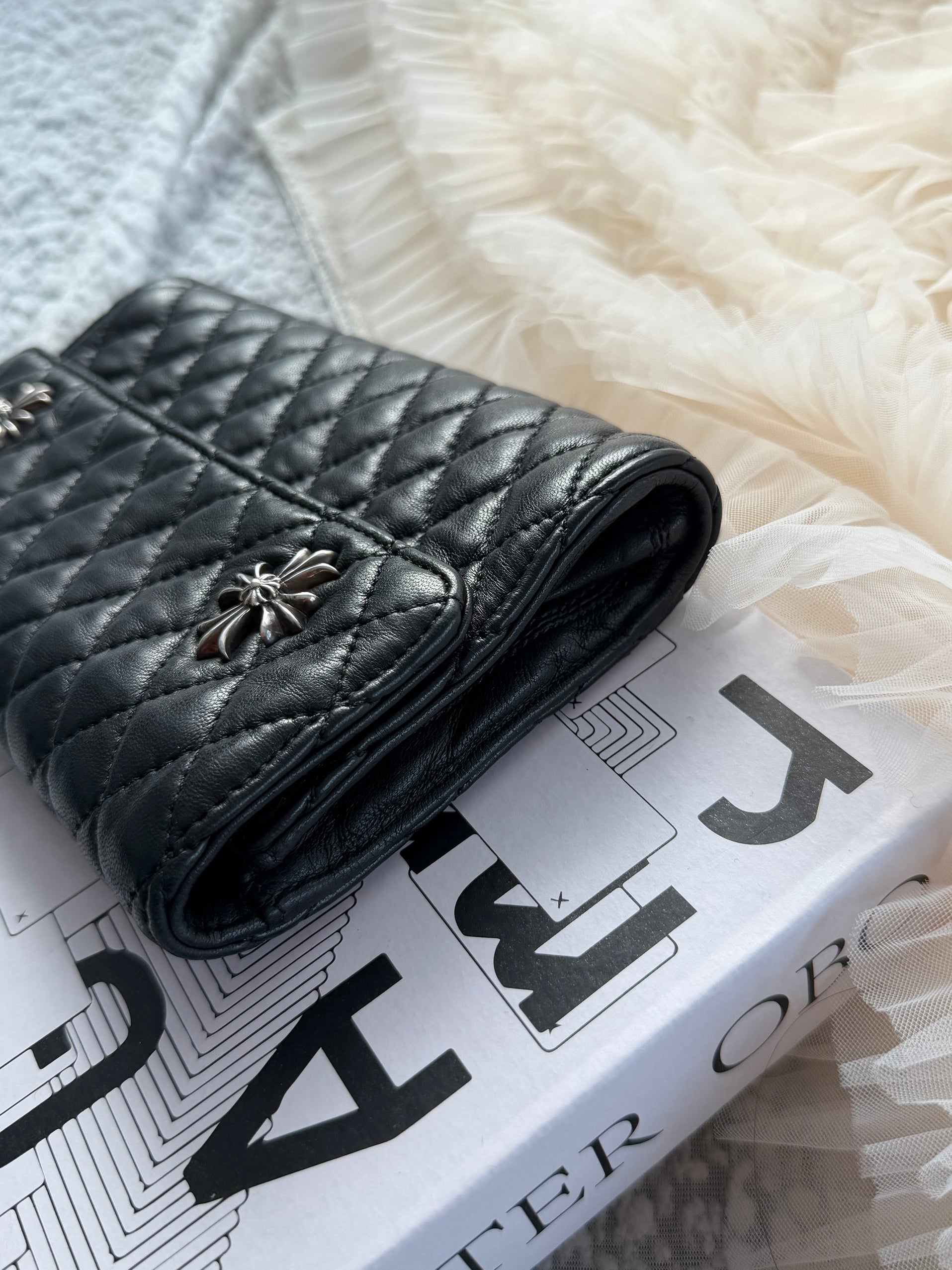 Chrome Hearts Quilted Flap Clutch Bag in Black & Silver Cowhide
