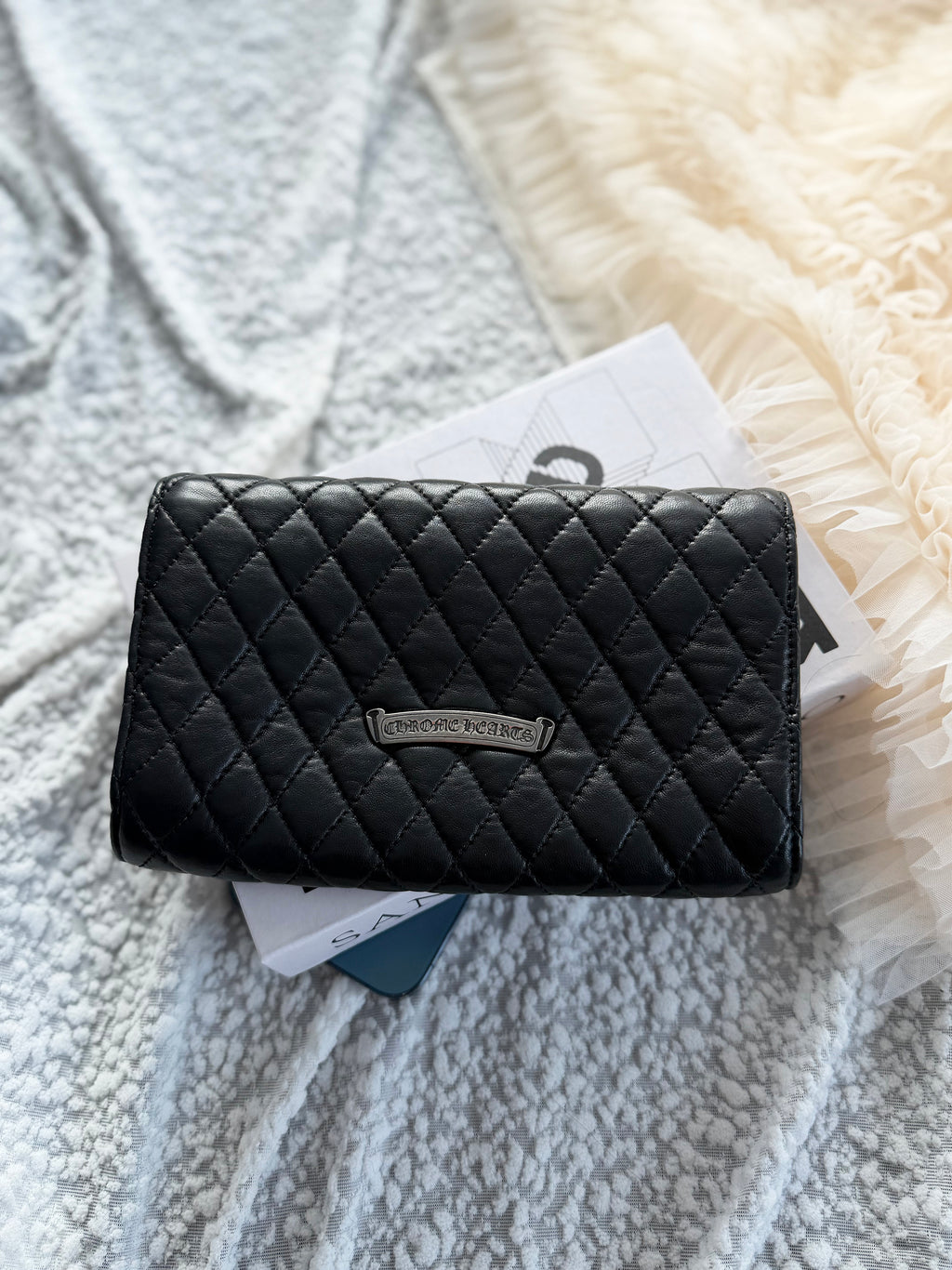 Chrome Hearts Quilted Flap Clutch Bag in Black & Silver Cowhide