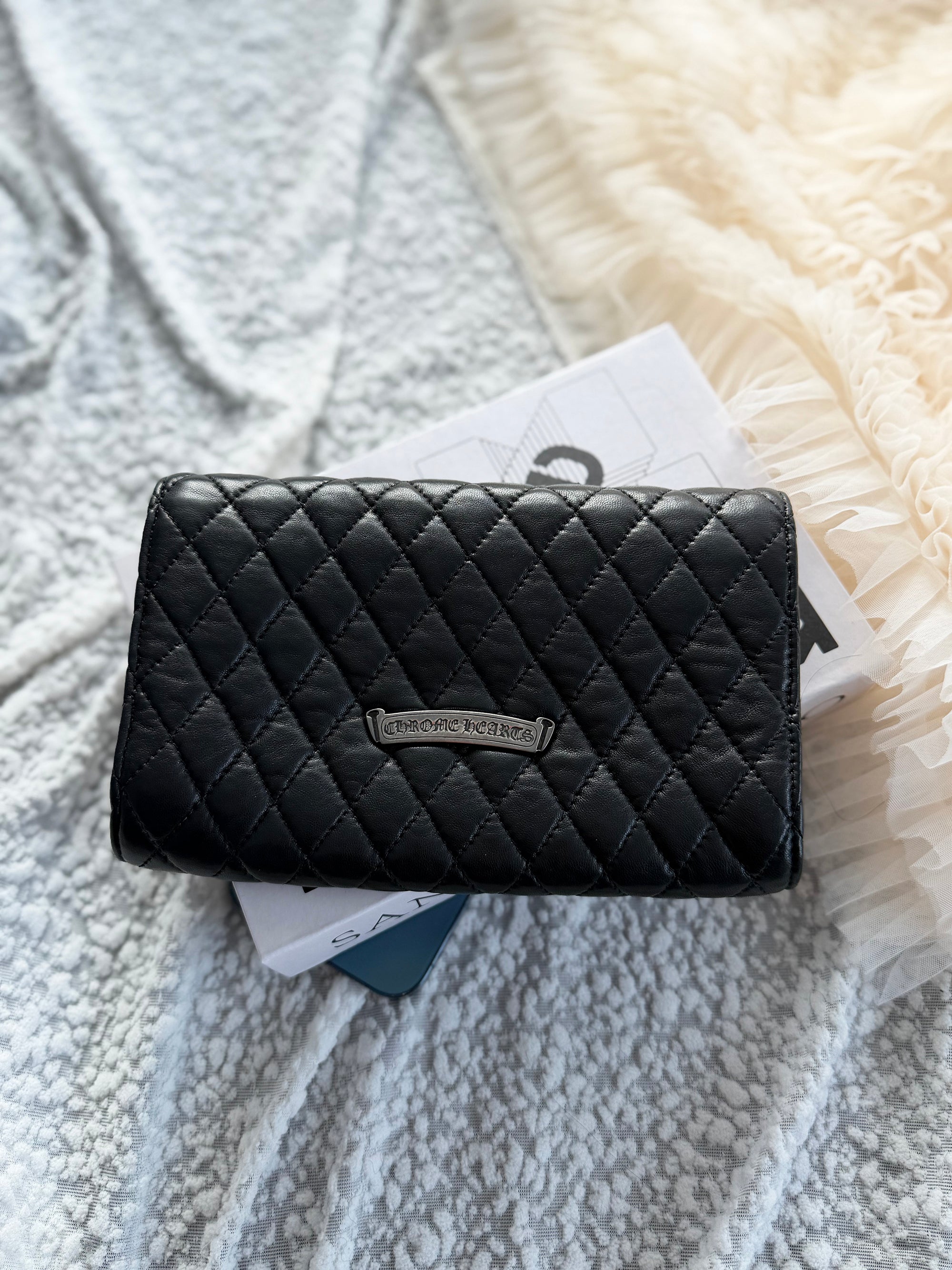 Chrome Hearts Quilted Flap Clutch Bag in Black & Silver Cowhide