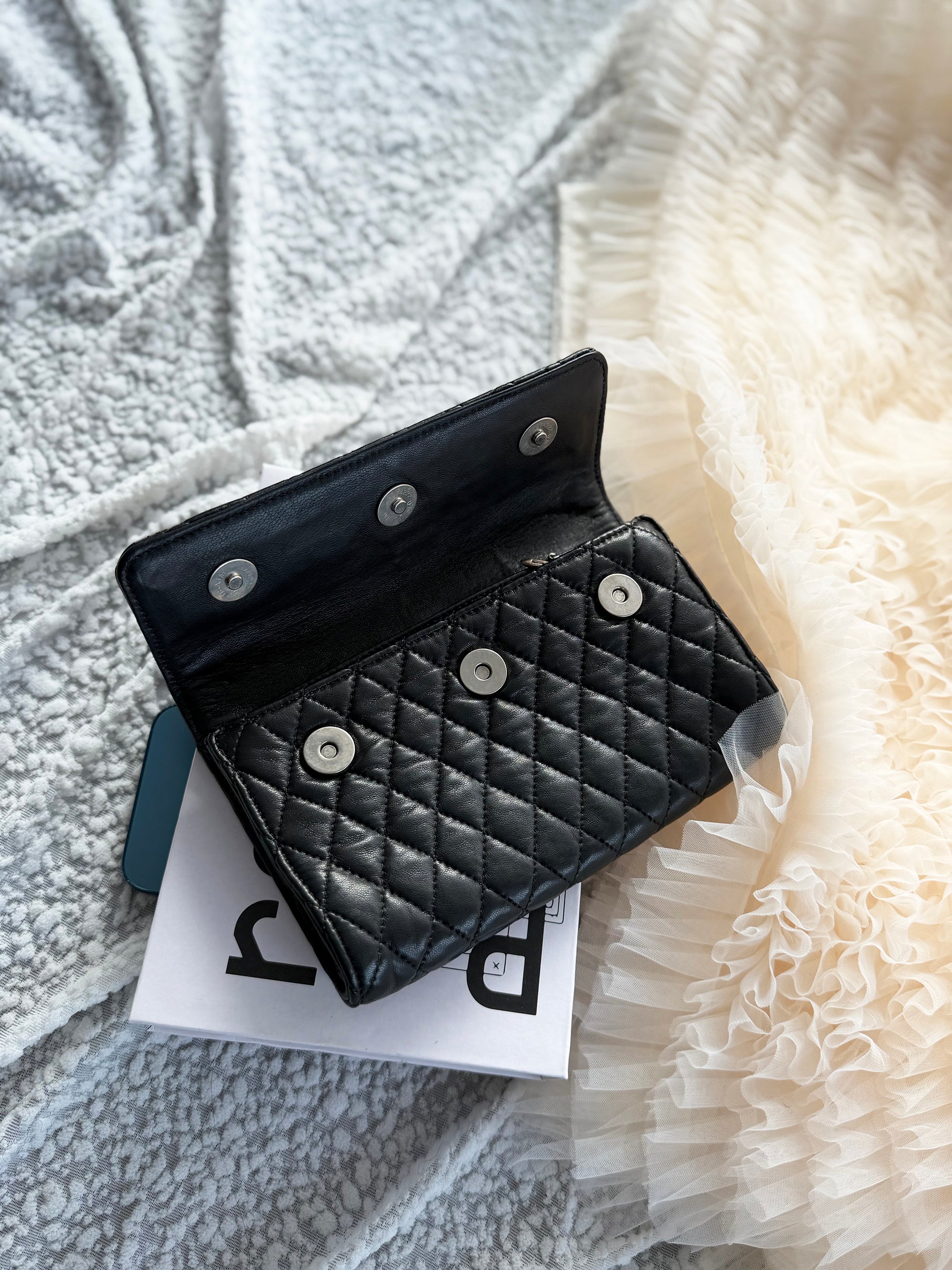 Chrome Hearts Quilted Flap Clutch Bag in Black & Silver Cowhide