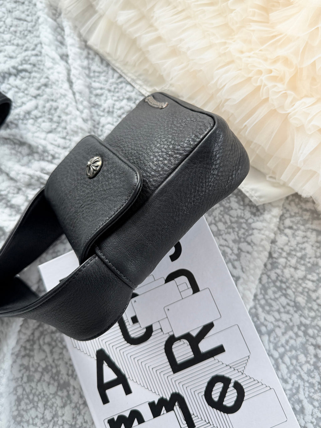 Chrome Hearts Black Silver Cowhide Tofu Shoulder Bag with Wide Strap