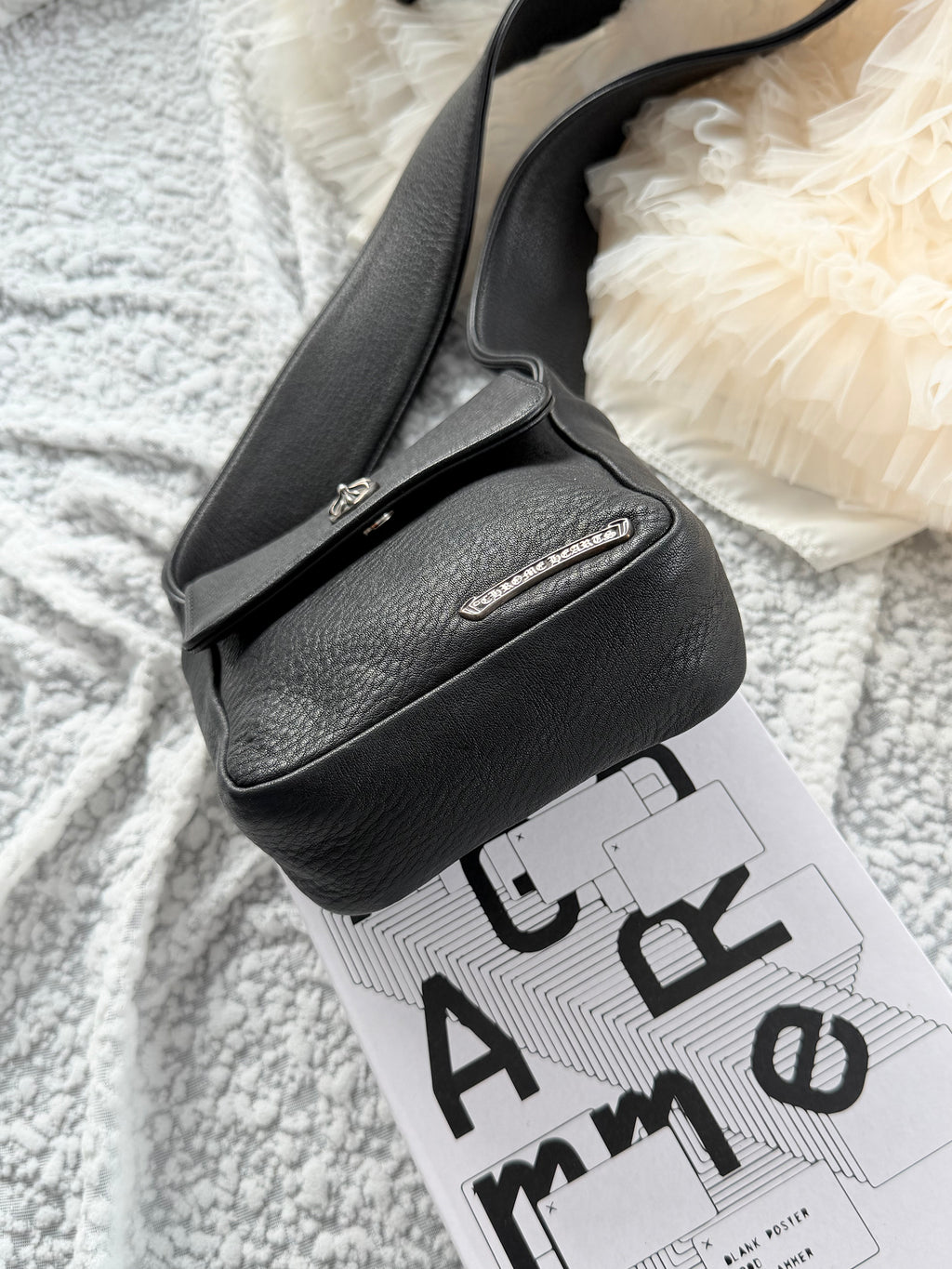 Chrome Hearts Black Silver Cowhide Tofu Shoulder Bag with Wide Strap