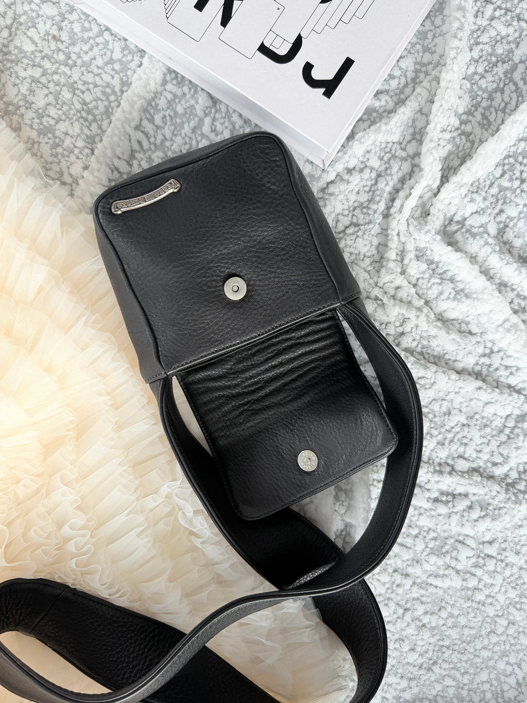 Chrome Hearts Black Silver Cowhide Tofu Shoulder Bag with Wide Strap