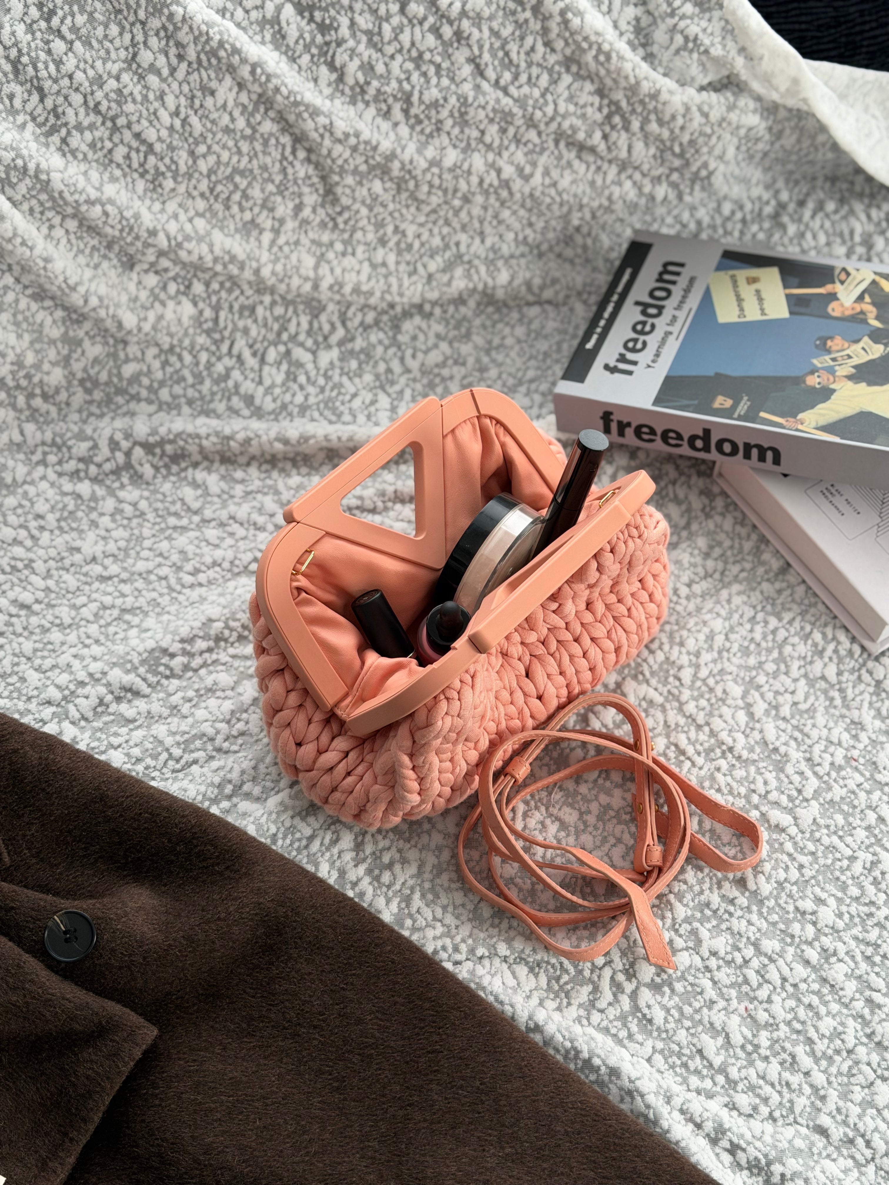 Bottega Veneta Pink Knitted Shoulder Bag with Acrylic Handles