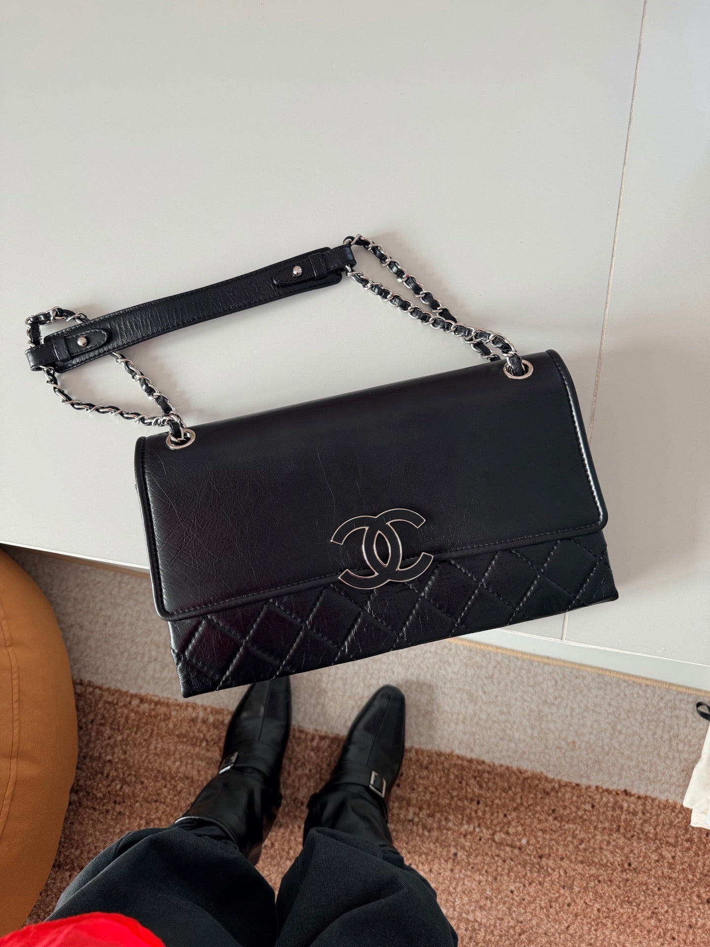 Chanel Vintage Calfskin Shoulder Bag with Black and Silver Enamel Clasp