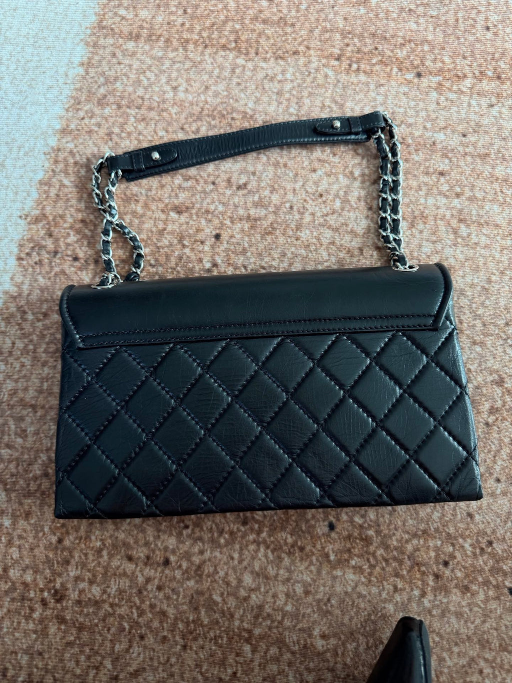 Chanel Vintage Calfskin Shoulder Bag with Black and Silver Enamel Clasp