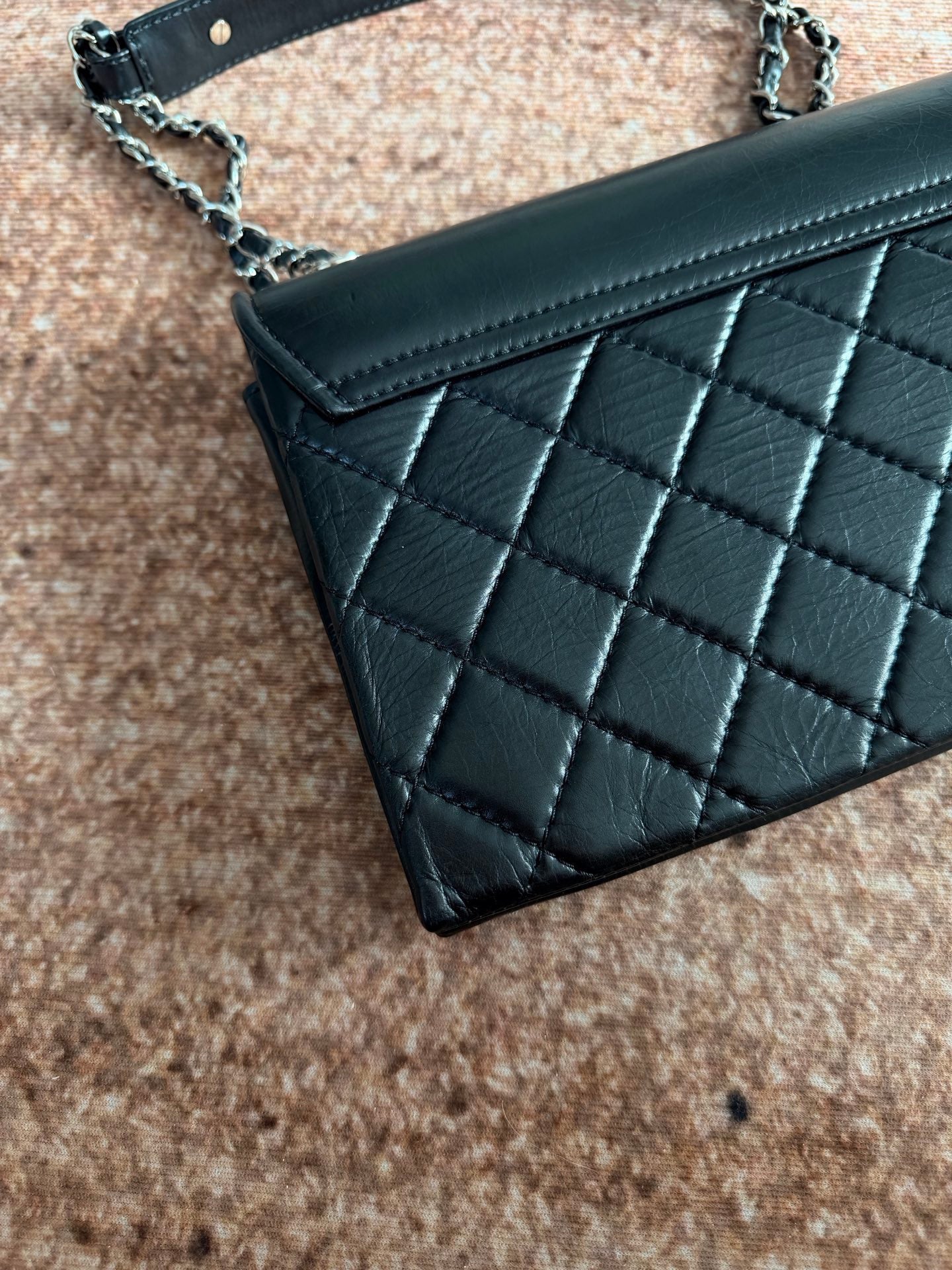 Chanel Vintage Calfskin Shoulder Bag with Black and Silver Enamel Clasp