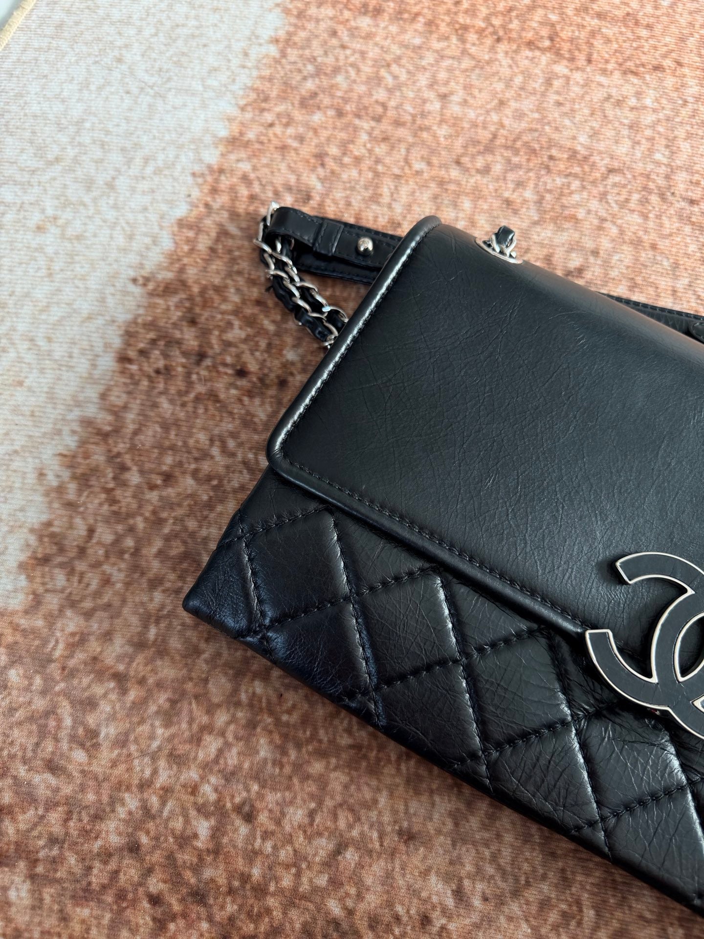 Chanel Vintage Calfskin Shoulder Bag with Black and Silver Enamel Clasp