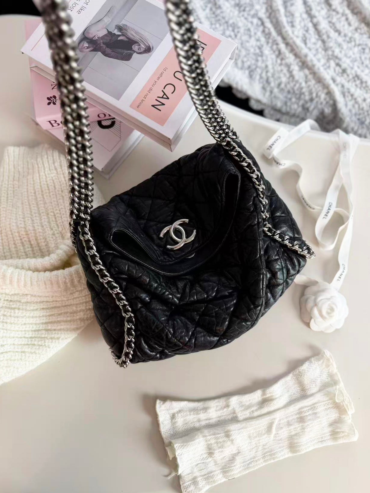 Chanel Black Silver-Trimmed Shoulder Bag with Silver Clasp