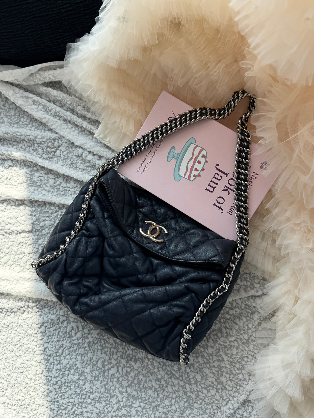 Chanel Blue Silver-Trimmed Shoulder Bag with Silver Clasp