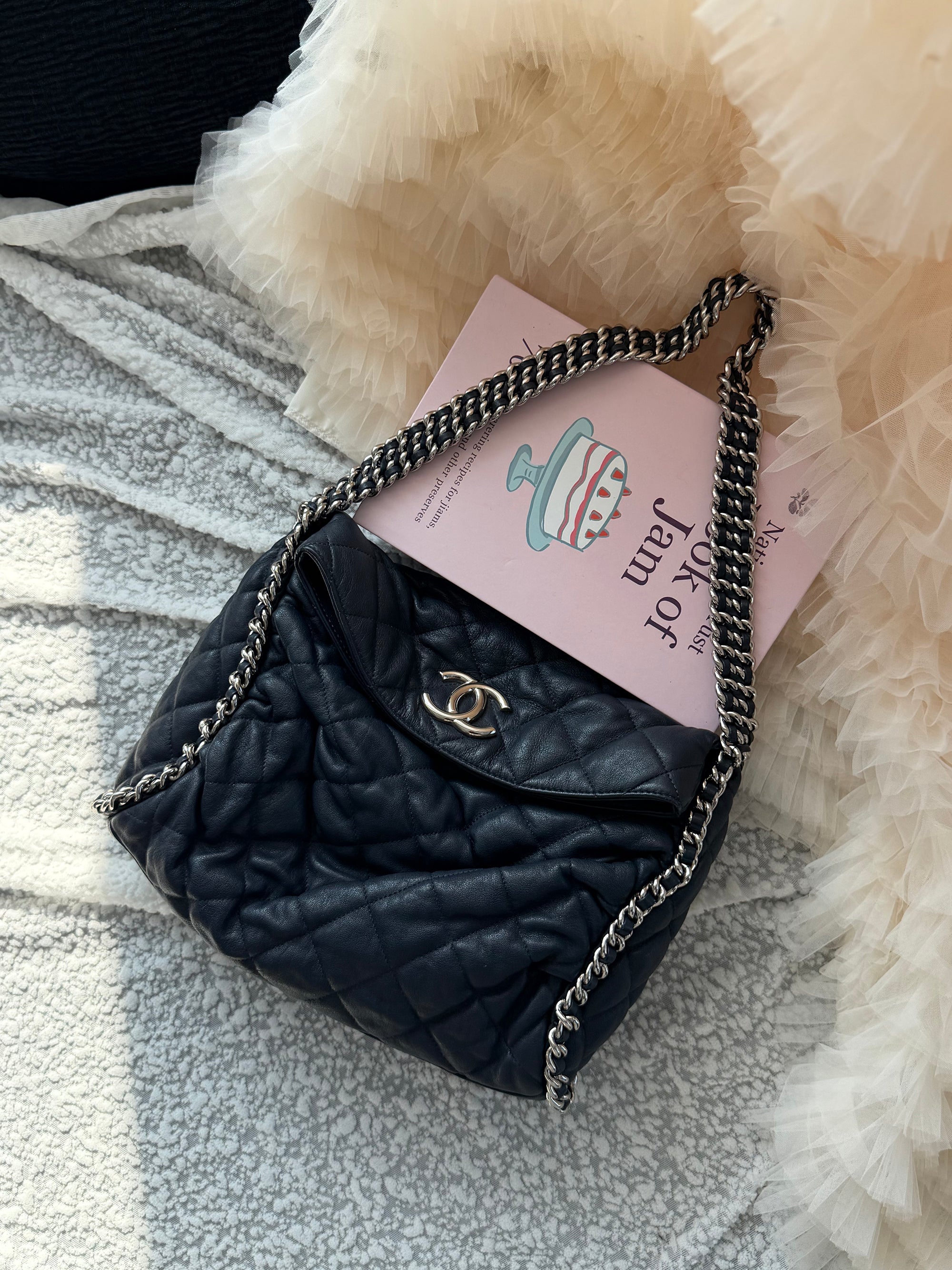 Chanel Blue Silver-Trimmed Shoulder Bag with Silver Clasp