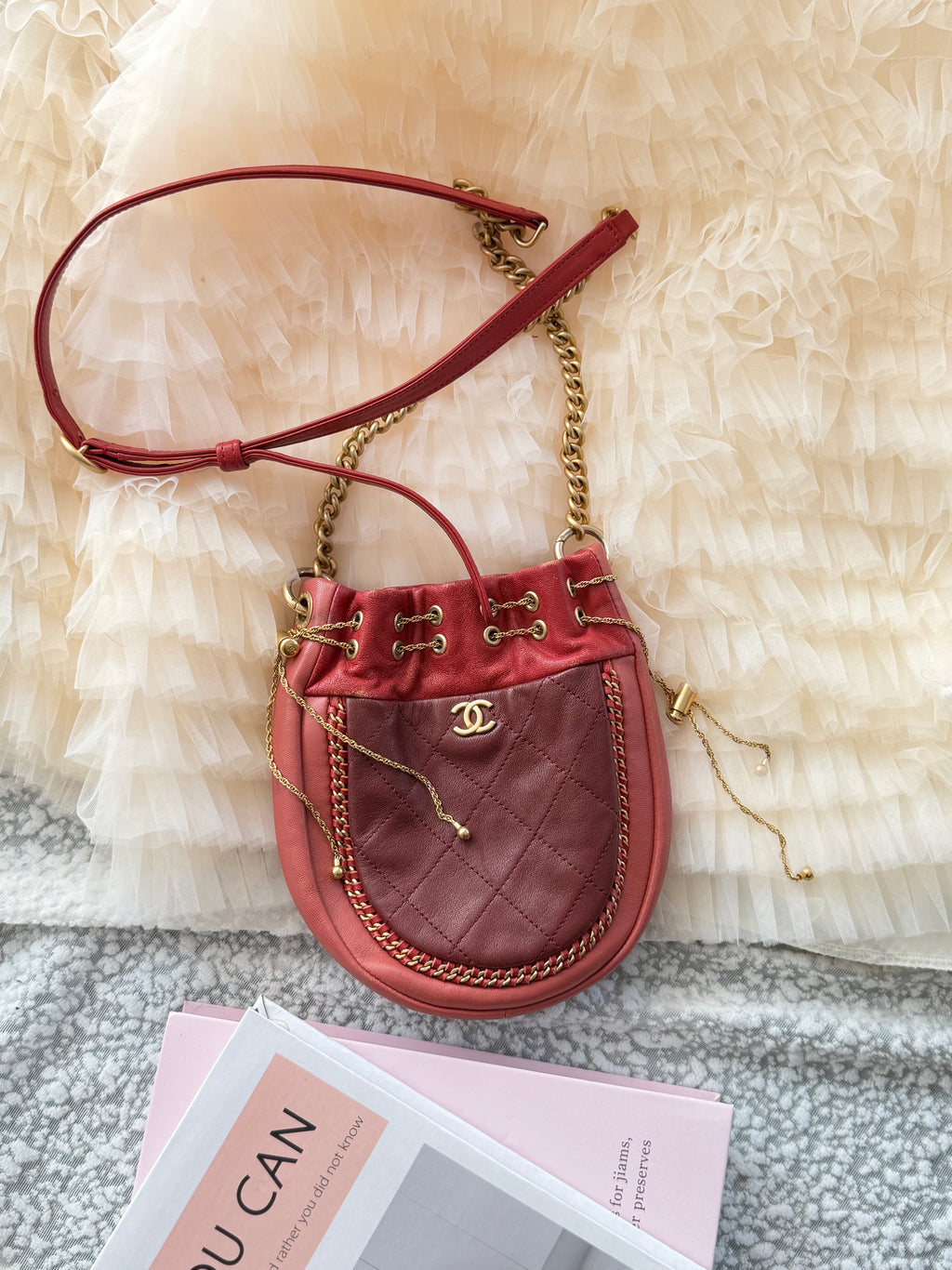 Chanel Red Calfskin Color-Block Chain Shoulder & Crossbody Bag