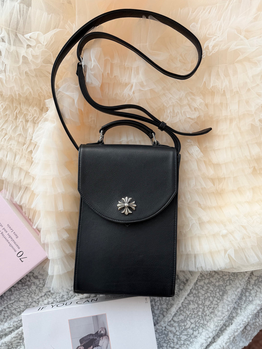 Chrome Hearts Calfskin Shoulder Bag in Black and Silver
